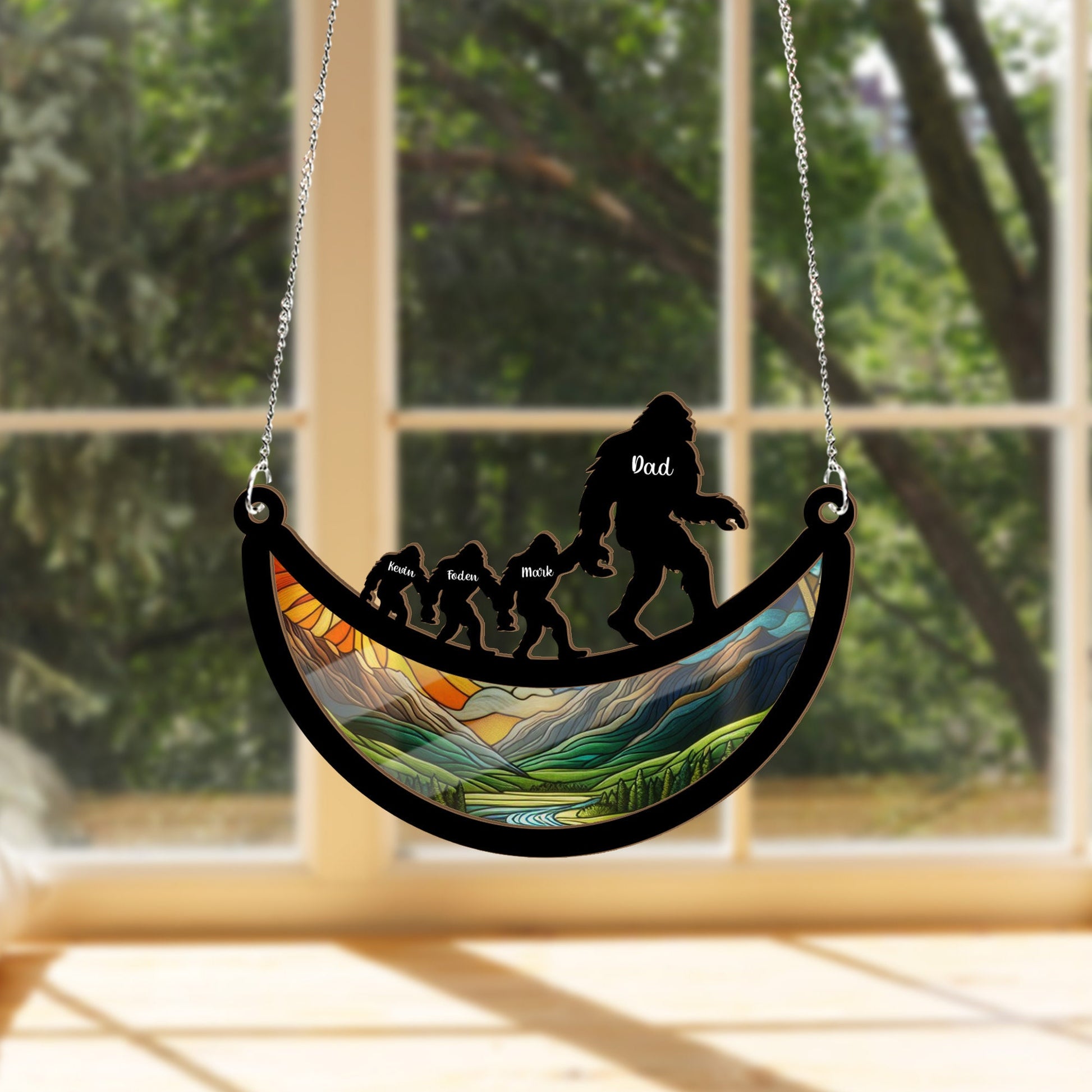Personalized Bigfoot dad Suncatcher Ornament, Daddy and kids names, Father's day gift, Bigfoot squach Suncatcher, unique gift for dad