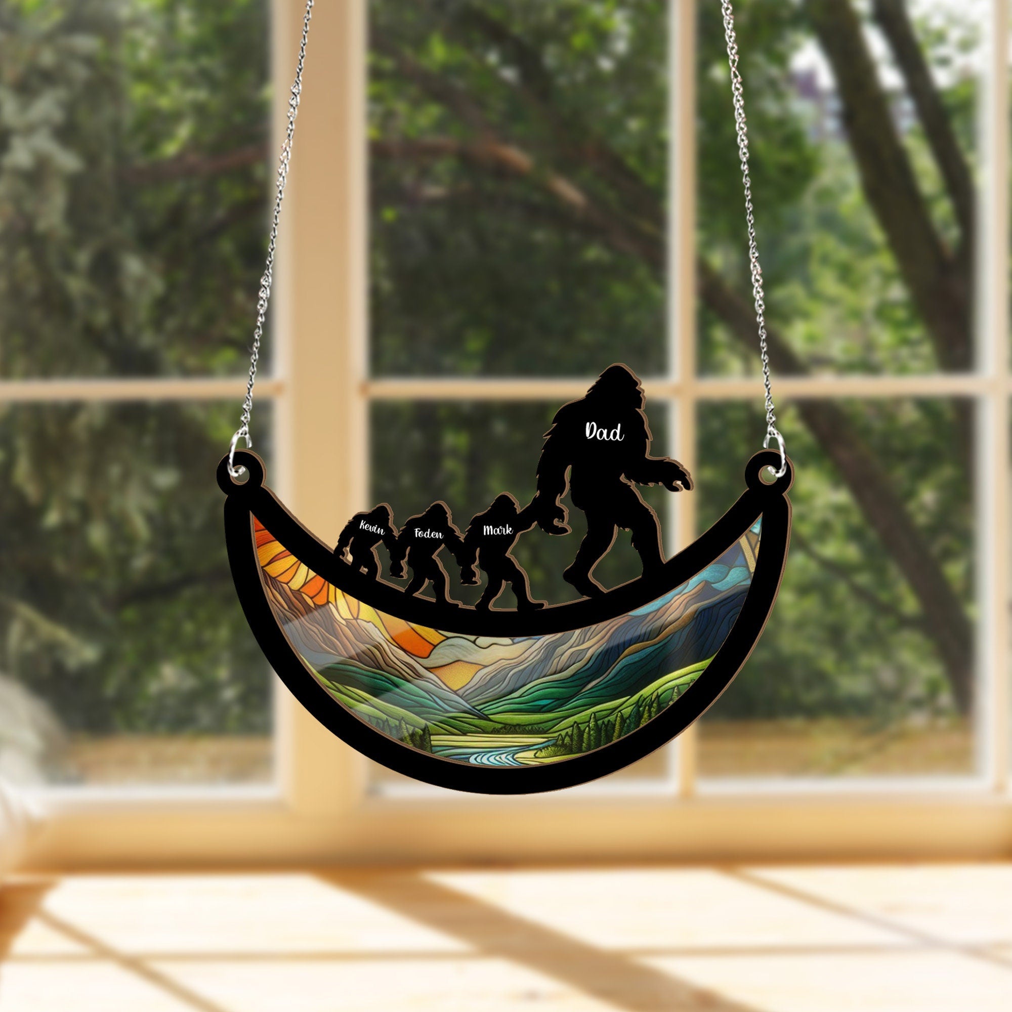Personalized Bigfoot dad Suncatcher Ornament, Daddy and kids names, Father's day gift, Bigfoot squach Suncatcher, unique gift for dad