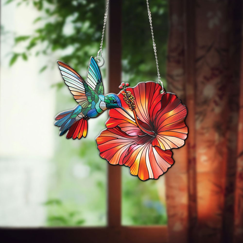 Hummingbird and Hibiscus ACRYLIC window hanging, Wall Art, Acrylic Window Hanging, Mother's day gift, Humingbird lovers gift, bird lovers