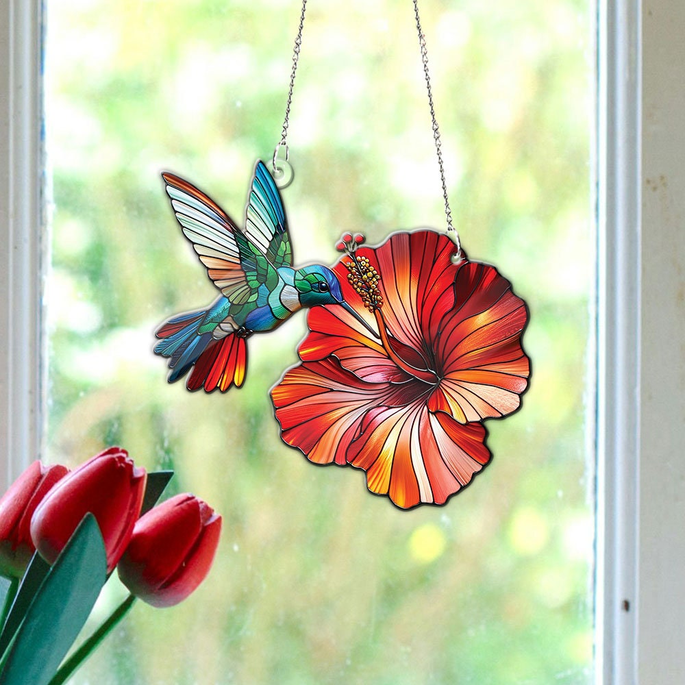Hummingbird and Hibiscus ACRYLIC window hanging, Wall Art, Acrylic Window Hanging, Mother's day gift, Humingbird lovers gift, bird lovers