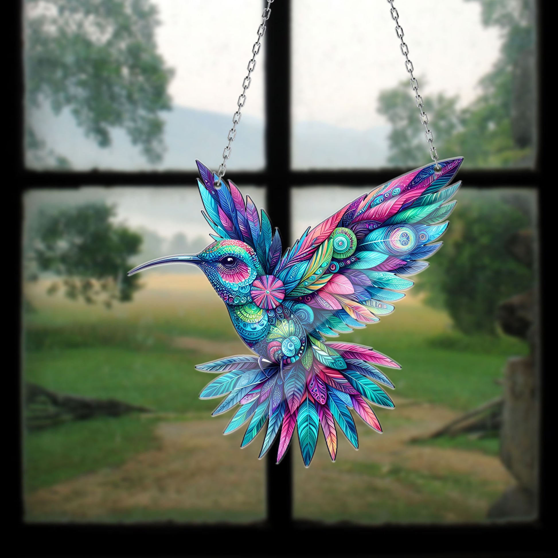Hummingbird kaleidoscope Acrylic Window Hangings, Garden Hummingbird Acrylic Decorative Sign, Home Decor, Floral Mandala Bird Enhancement