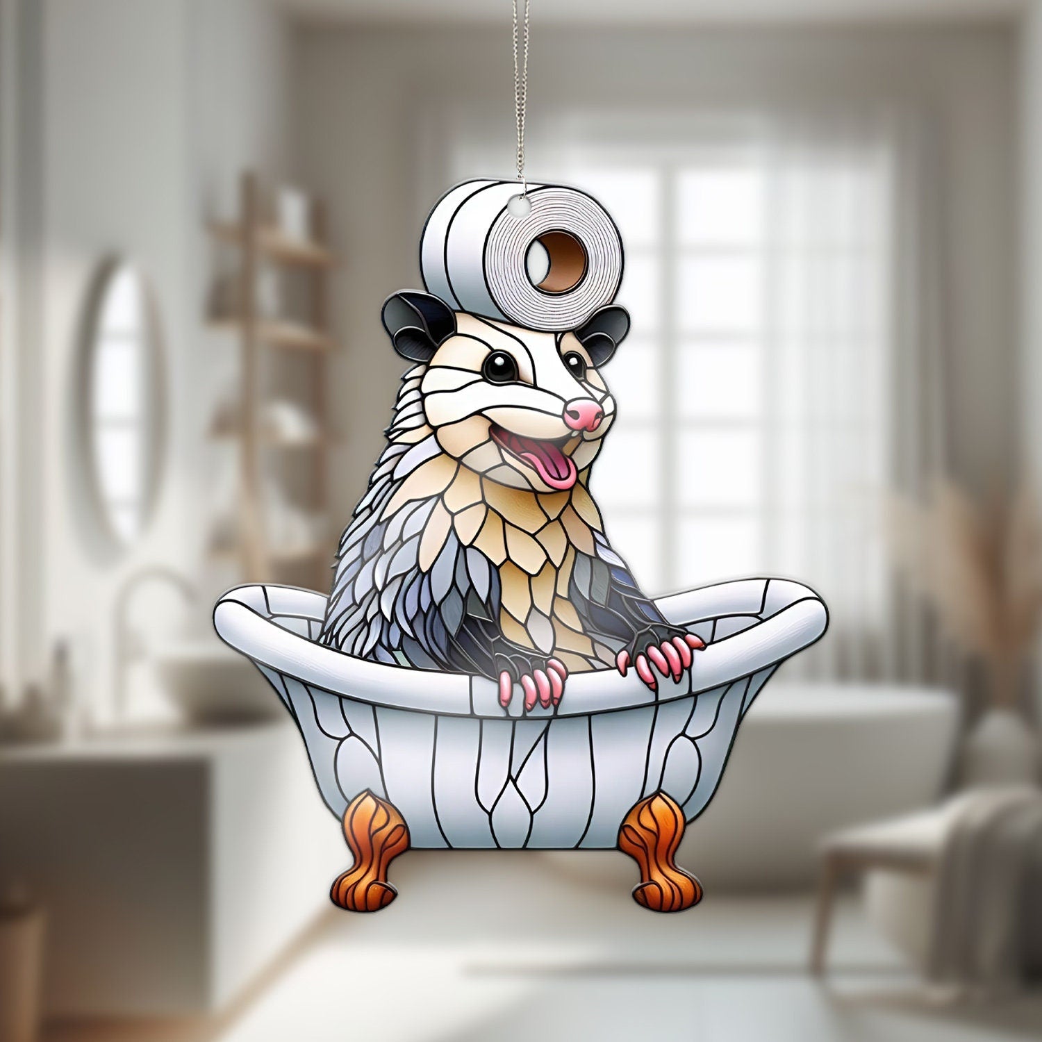 Opossum in bathroom Acrylic Window Hangings, Funny opossum hanging, trashy decor, Bathroom decor, Funny opossum lovers gift