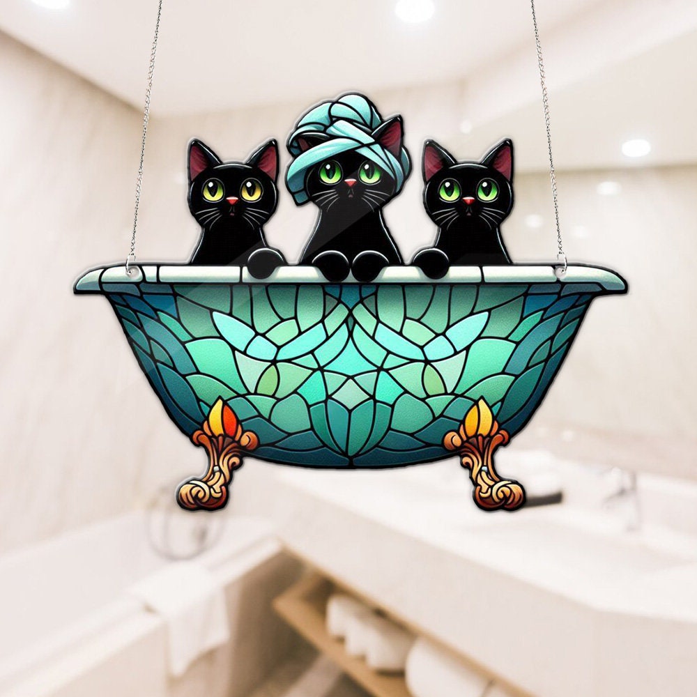 Three Blacks cat in bathroom Acrylic Window Hangings, Funny peeking cat hanging, black cat mom gift, Bathroom decor, Funny cat lovers gift