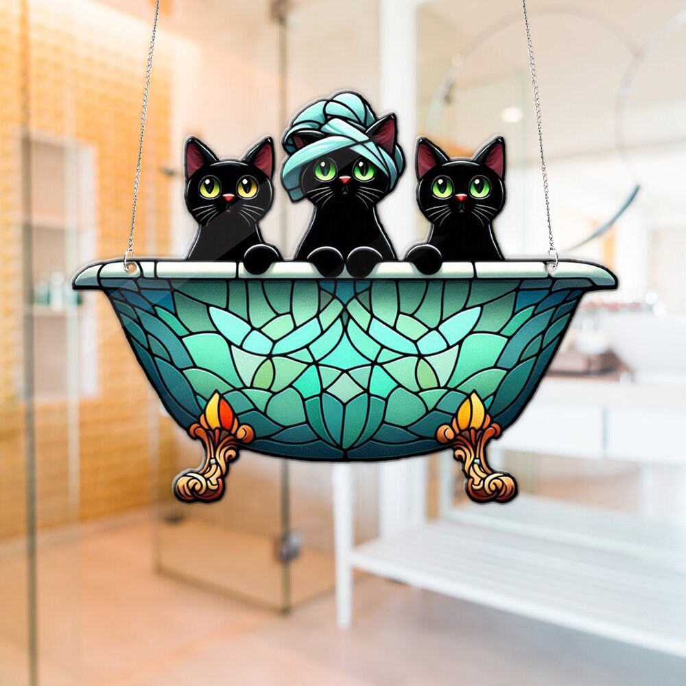 Three Blacks cat in bathroom Acrylic Window Hangings, Funny peeking cat hanging, black cat mom gift, Bathroom decor, Funny cat lovers gift
