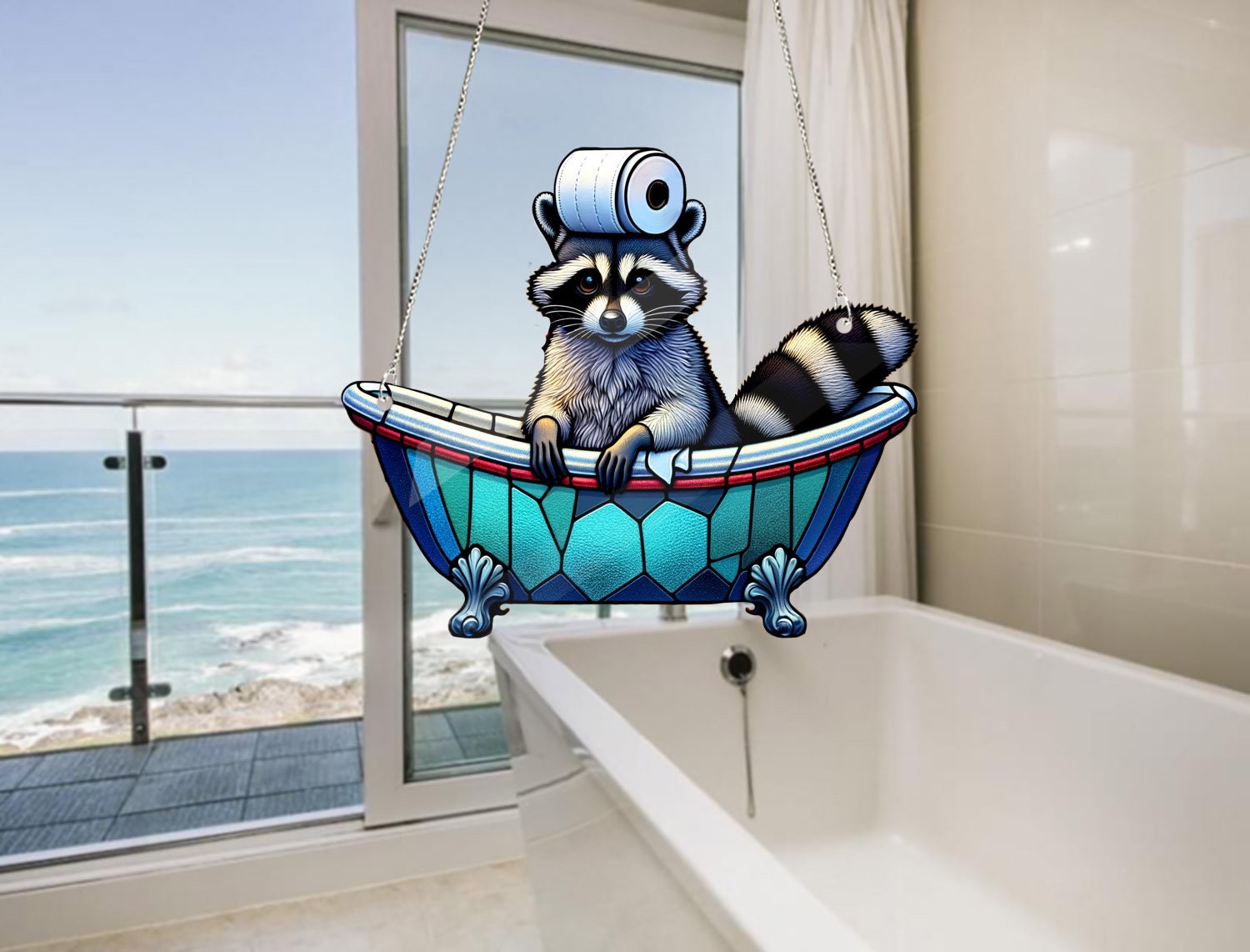 Funny raccoon in bathroom Acrylic Window Hangings, Raccoon hanging, Toilet hanging, Bathroom decor, trash panda lovers gift,