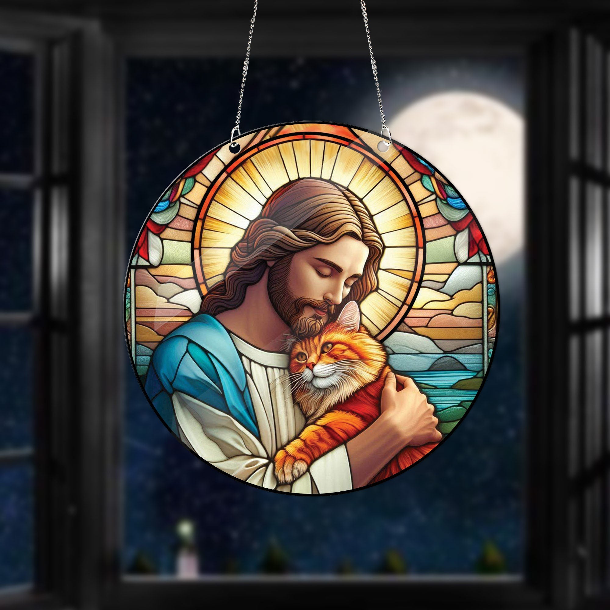 Jesus hugging orange cat Acrylic Window Hanging, Memorial gift, Christian gift, Jesus Christ gift, Orange cat mom gift, Home decor