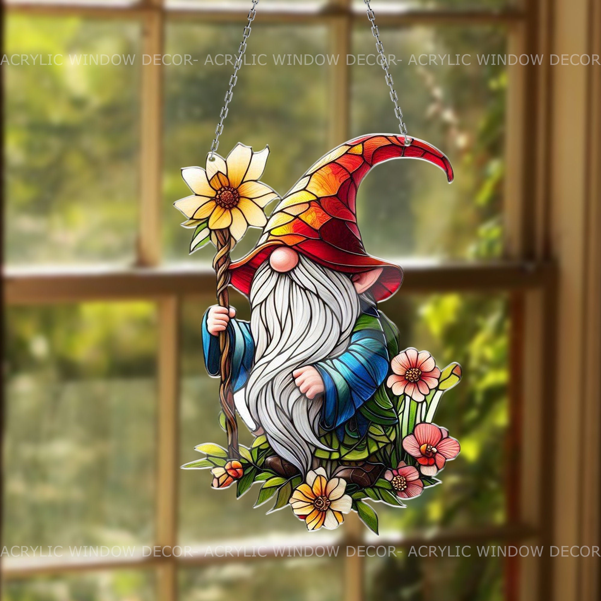 Gnome with Flowers Acrylic Window Hanging, Adorable Gnome Lover's Decor, Indoor Garden View, Gardening Gift, gift for mom Mother's day gift
