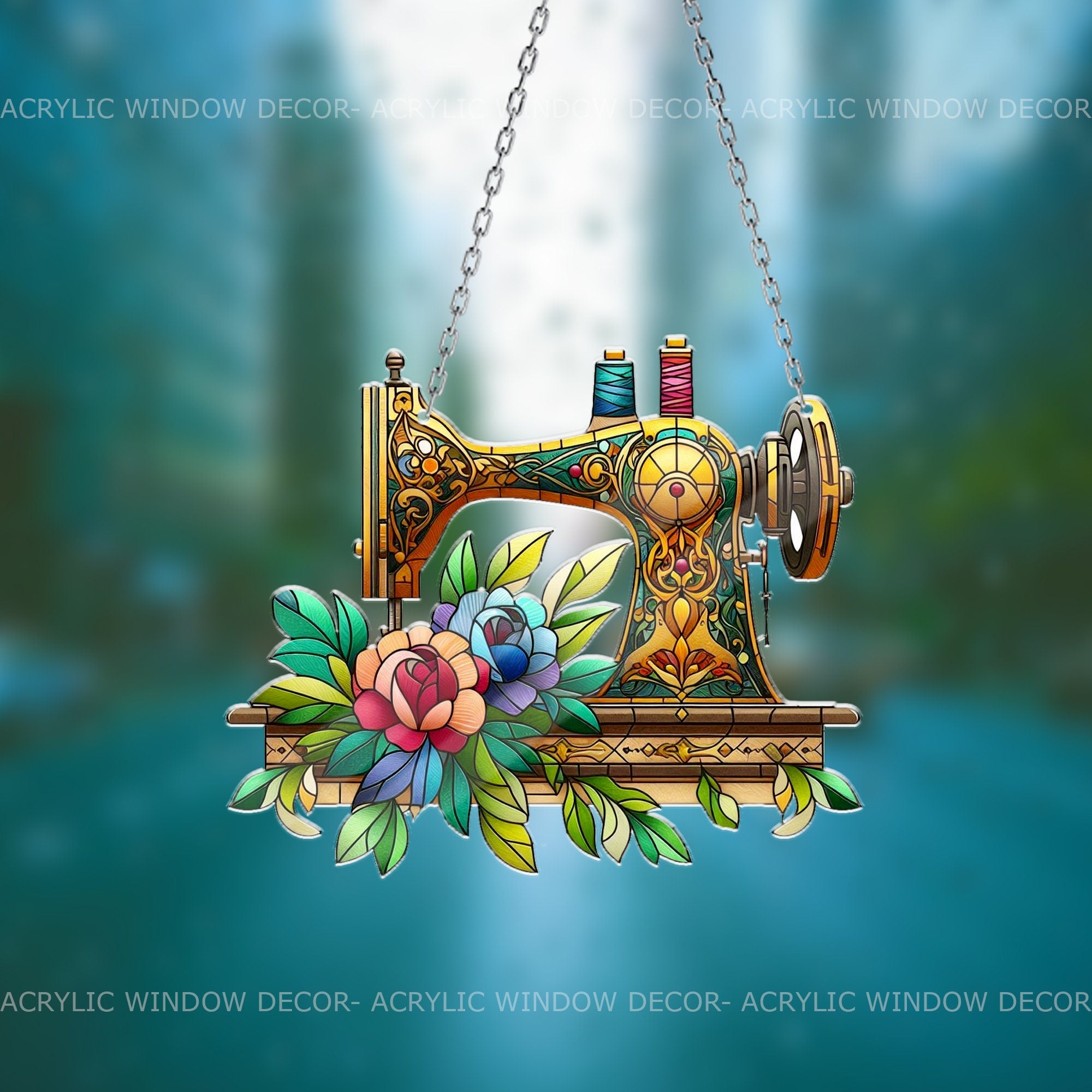 Floral Sewing Machine Acrylic Window Hanging, Flower Decor for Sewing Lovers, Charming Mom Gift, Crafty Decor Mother's day gift set 2025