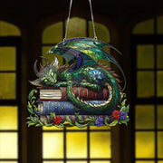 ACRYLIC dragon sleep over books Window Hanging, Book Lover Gift, Bookish Home Decor, NOT suncatcher, Librarian Gift, dragon book