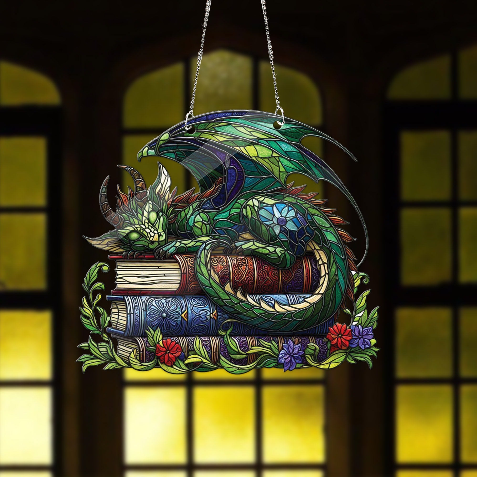 ACRYLIC dragon sleep over books Window Hanging, Book Lover Gift, Bookish Home Decor, NOT suncatcher, Librarian Gift, dragon book
