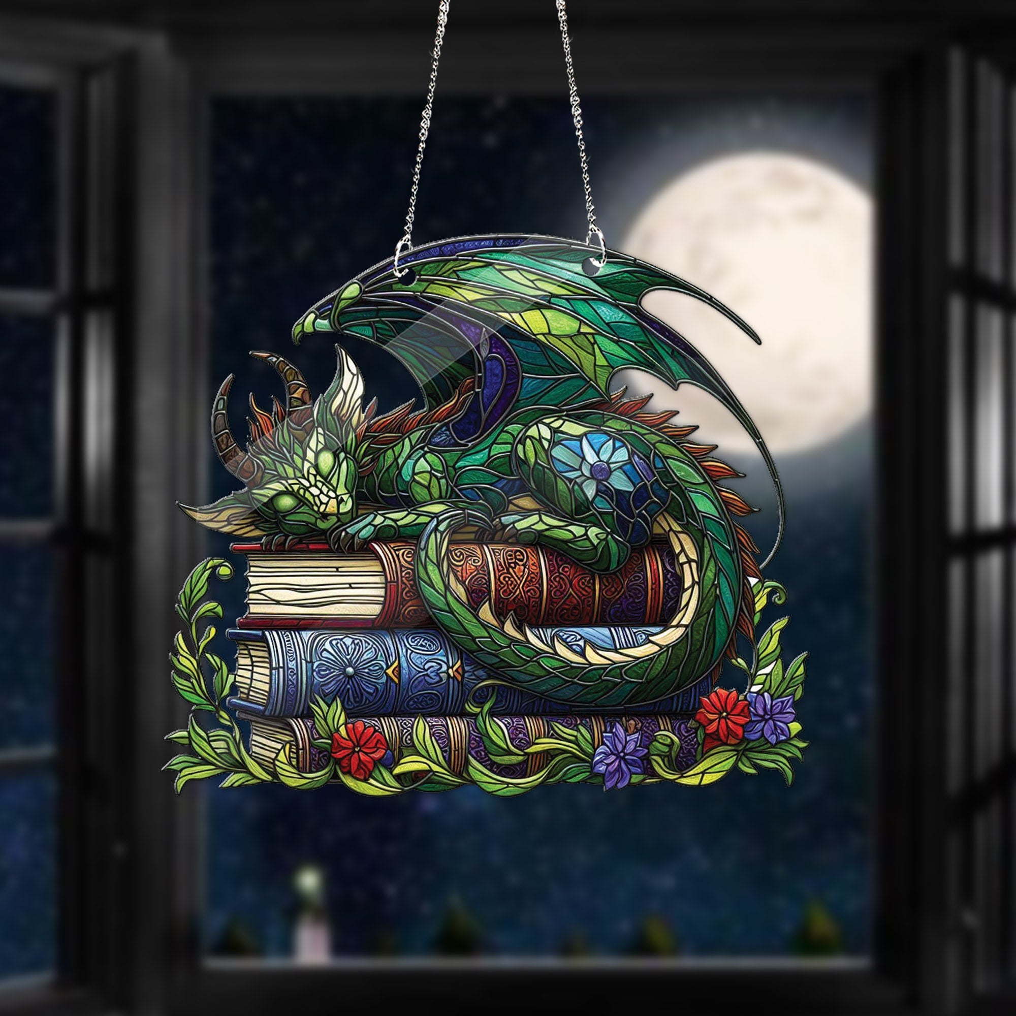 ACRYLIC dragon sleep over books Window Hanging, Book Lover Gift, Bookish Home Decor, NOT suncatcher, Librarian Gift, dragon book