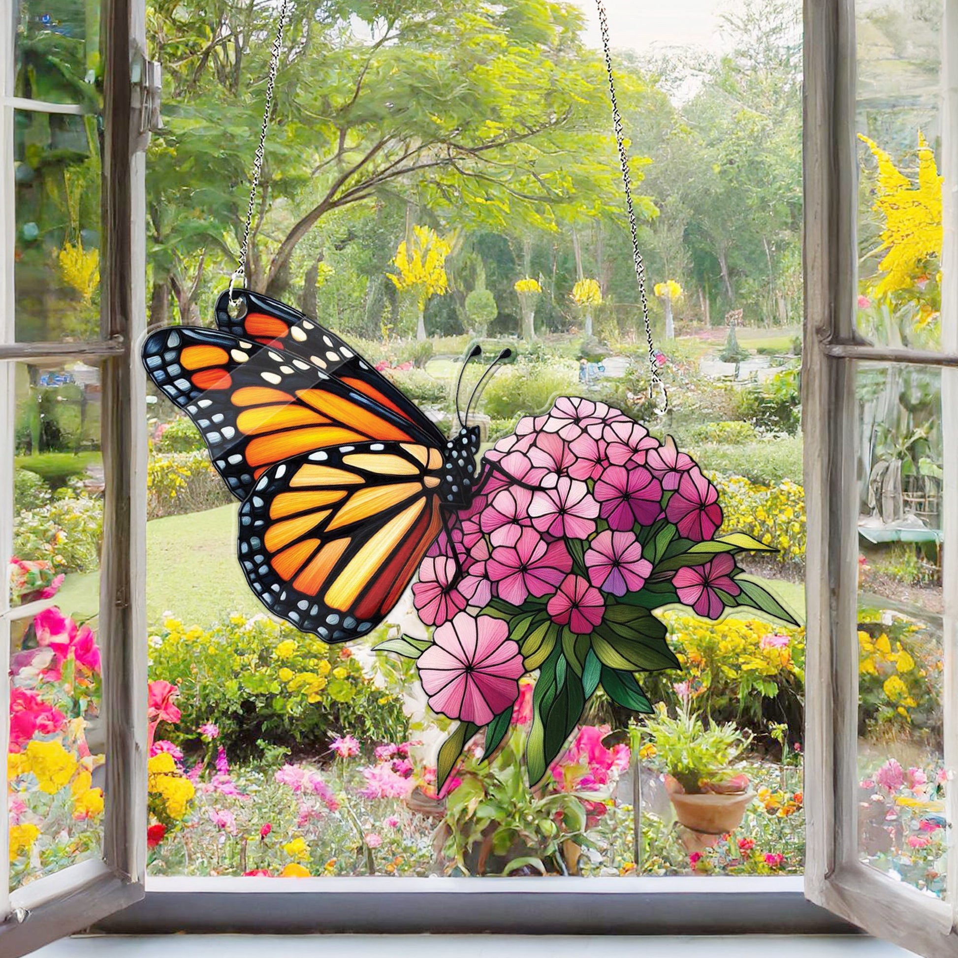 Monarch Butterfly Acrylic Window Hanging, Hydrangea flowers, NOT Suncatcher, Perfect for Home, Garden, Gift For Her, butterfly lovers