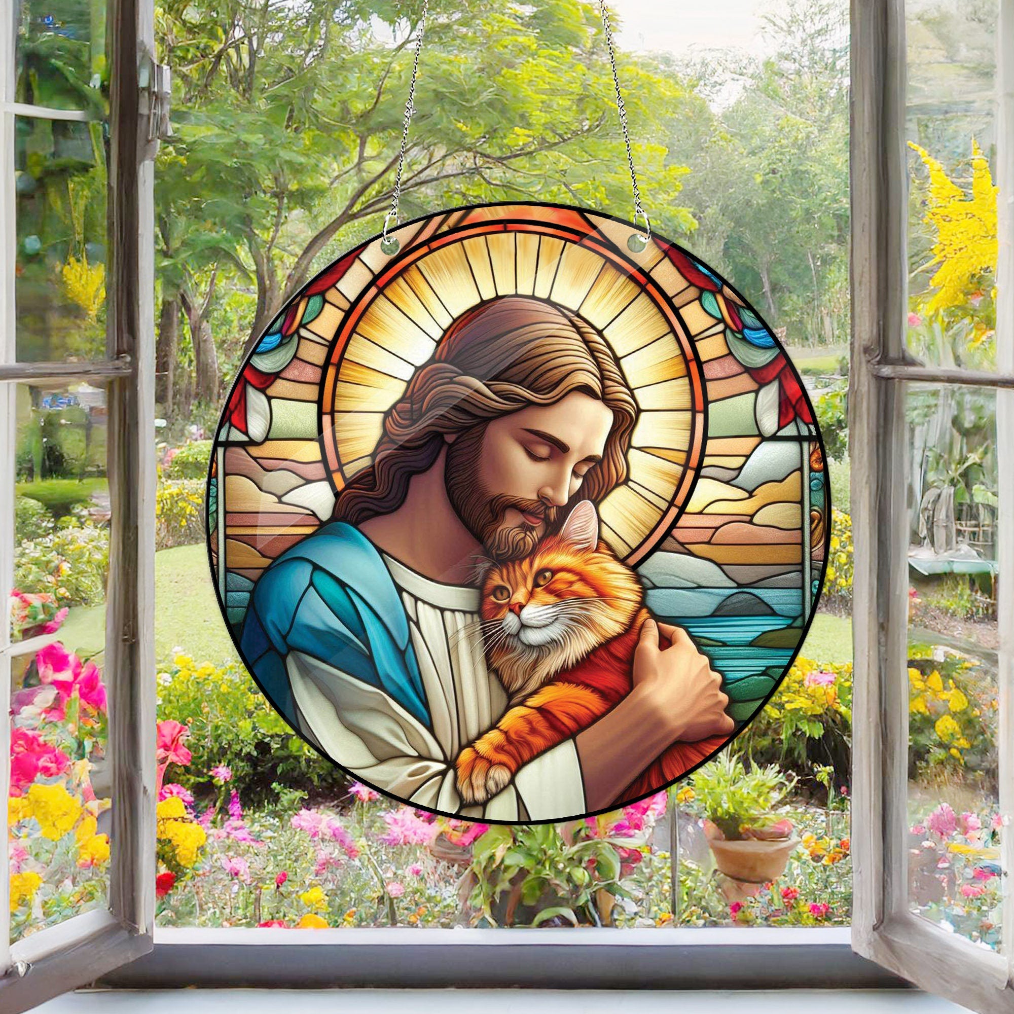 Jesus hugging orange cat Acrylic Window Hanging, Memorial gift, Christian gift, Jesus Christ gift, Orange cat mom gift, Home decor