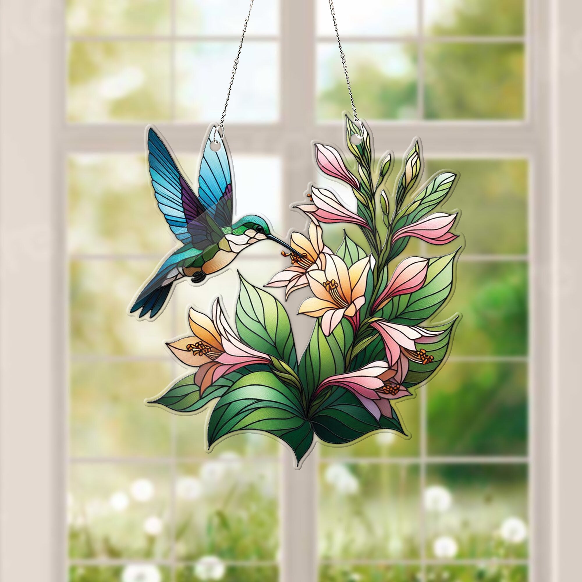 Hummingbird and Hosta Flower ACRYLIC window hanging, Wall Art, Acrylic Window Hanging, NOT suncatcher, Humingbird lovers gift