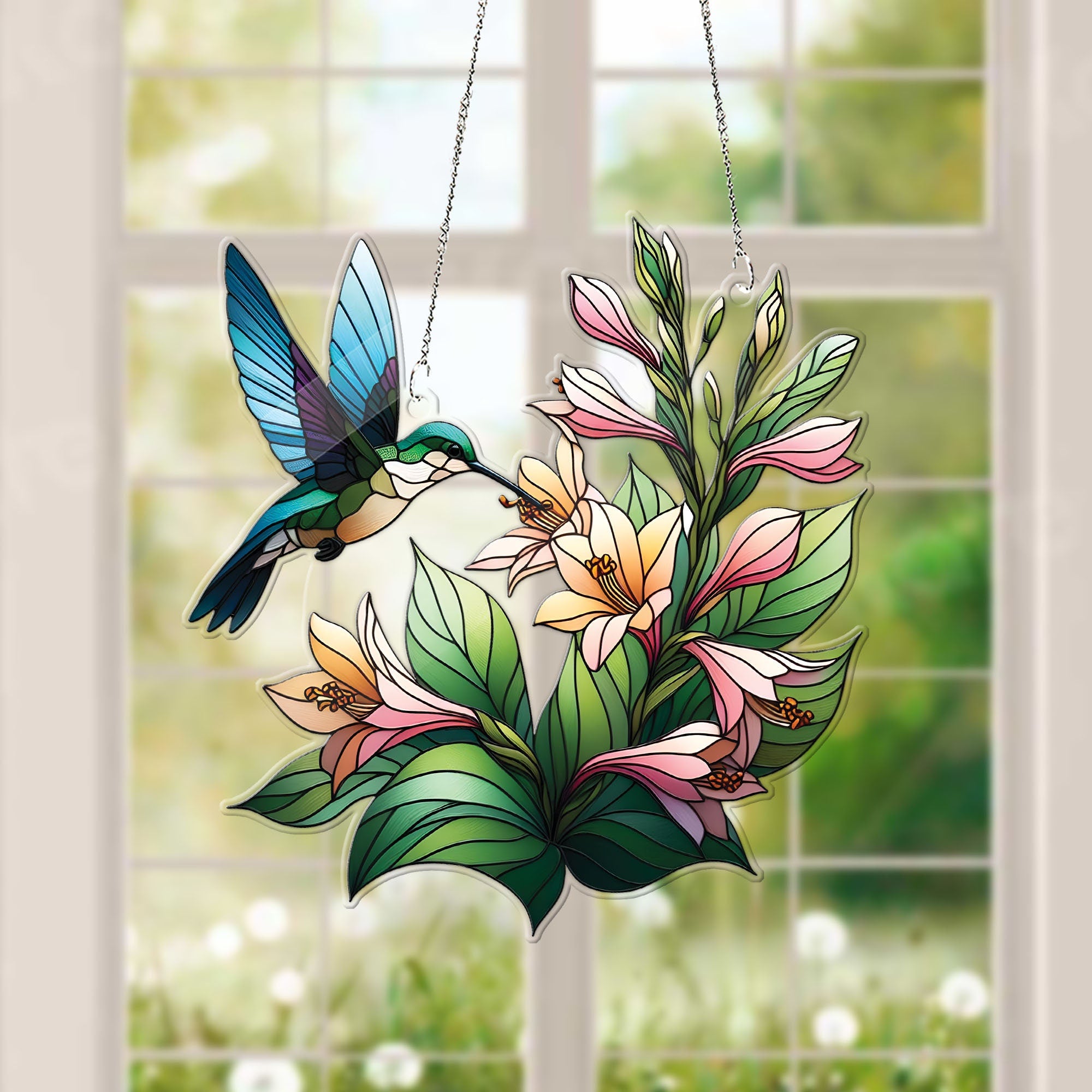 Hummingbird and Hosta Flower ACRYLIC window hanging, Wall Art, Acrylic Window Hanging, NOT suncatcher, Humingbird lovers gift