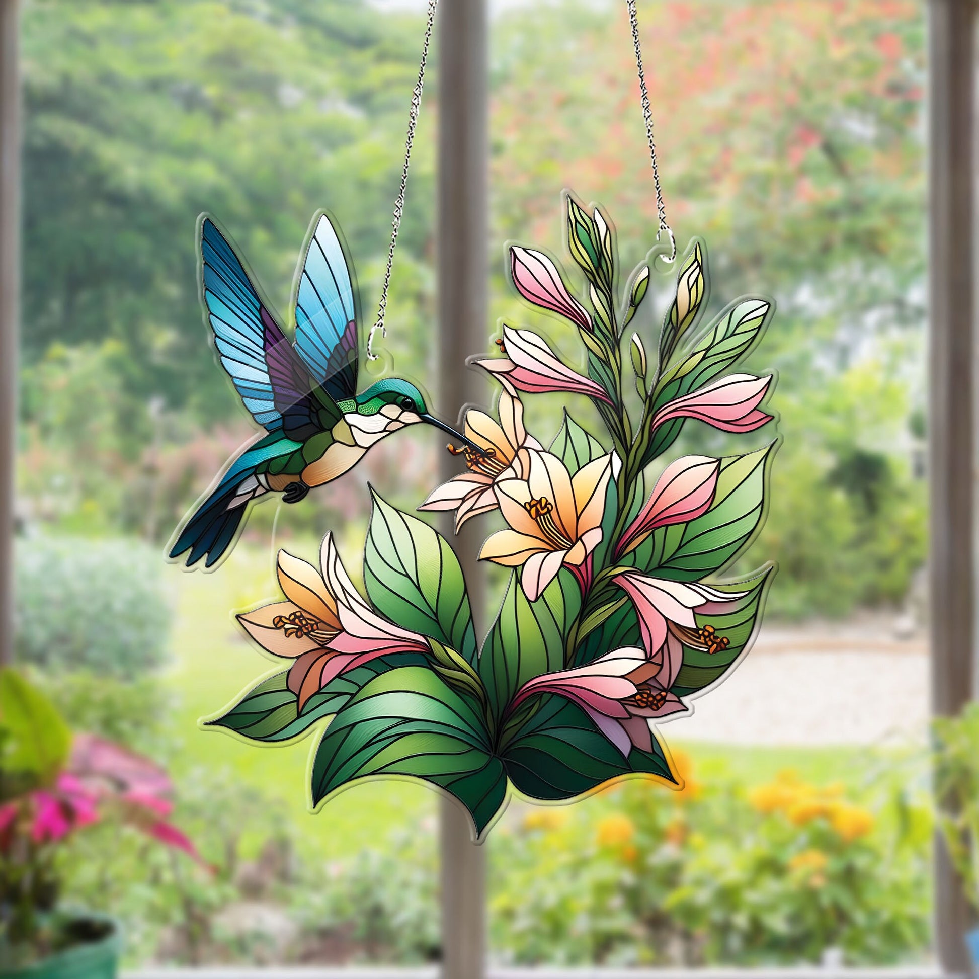 Hummingbird and Hosta Flower ACRYLIC window hanging, Wall Art, Acrylic Window Hanging, NOT suncatcher, Humingbird lovers gift