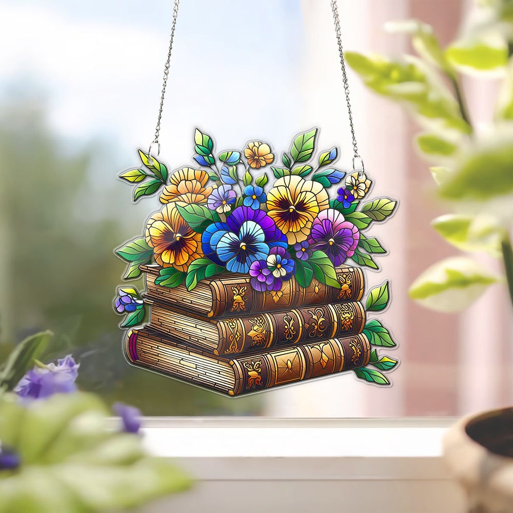 Floral Book ACRYLIC Window Hanging, Flower Book Gift, Pansies and books, Bookish Gift, Book Lover Gift,Teacher Appreciation Gift