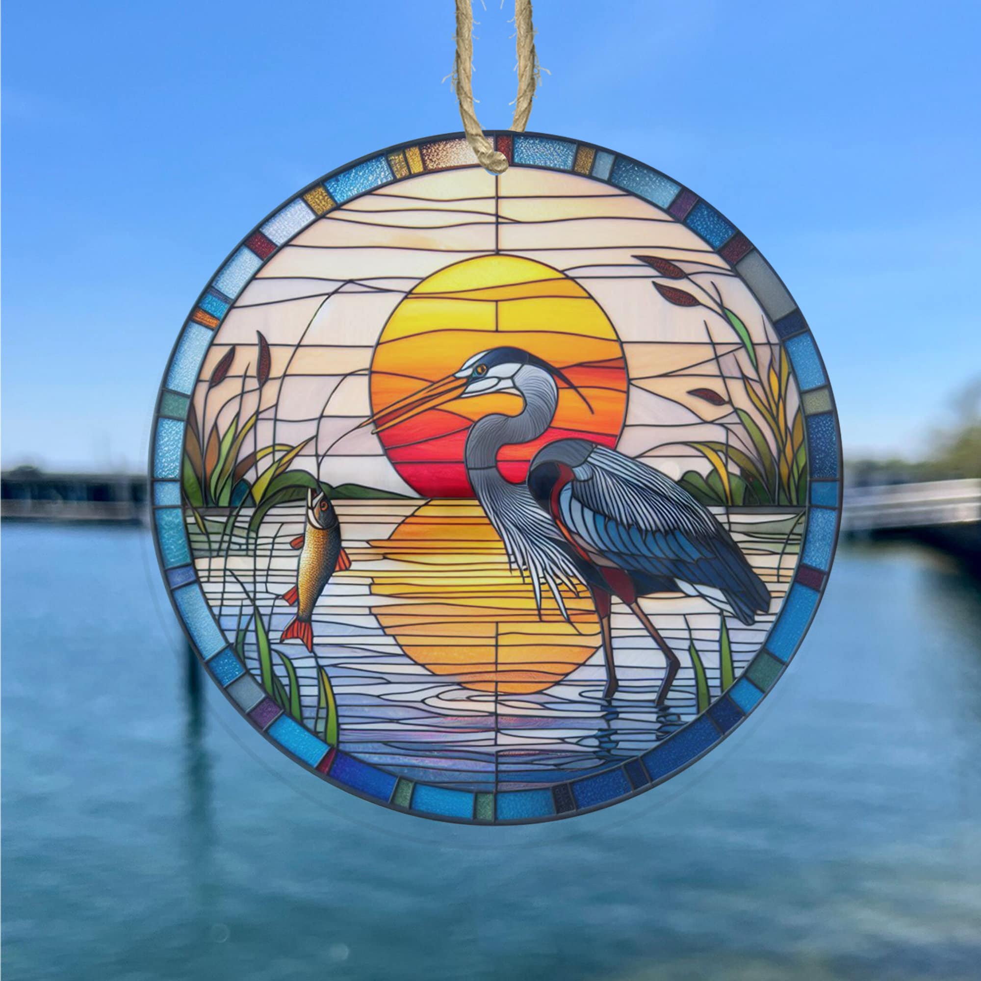 Great Blue heron catching fish Suncatcher Ornament, Heron lovers, Great blue heron, Home decor, Gift for dad, Bird nerd,  NOT glass