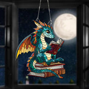 ACRYLIC woodland dragon and  book Window Hanging, Book Lover Gift, Bookish Home Decor, NOT suncatcher, Librarian Gift, dragon book