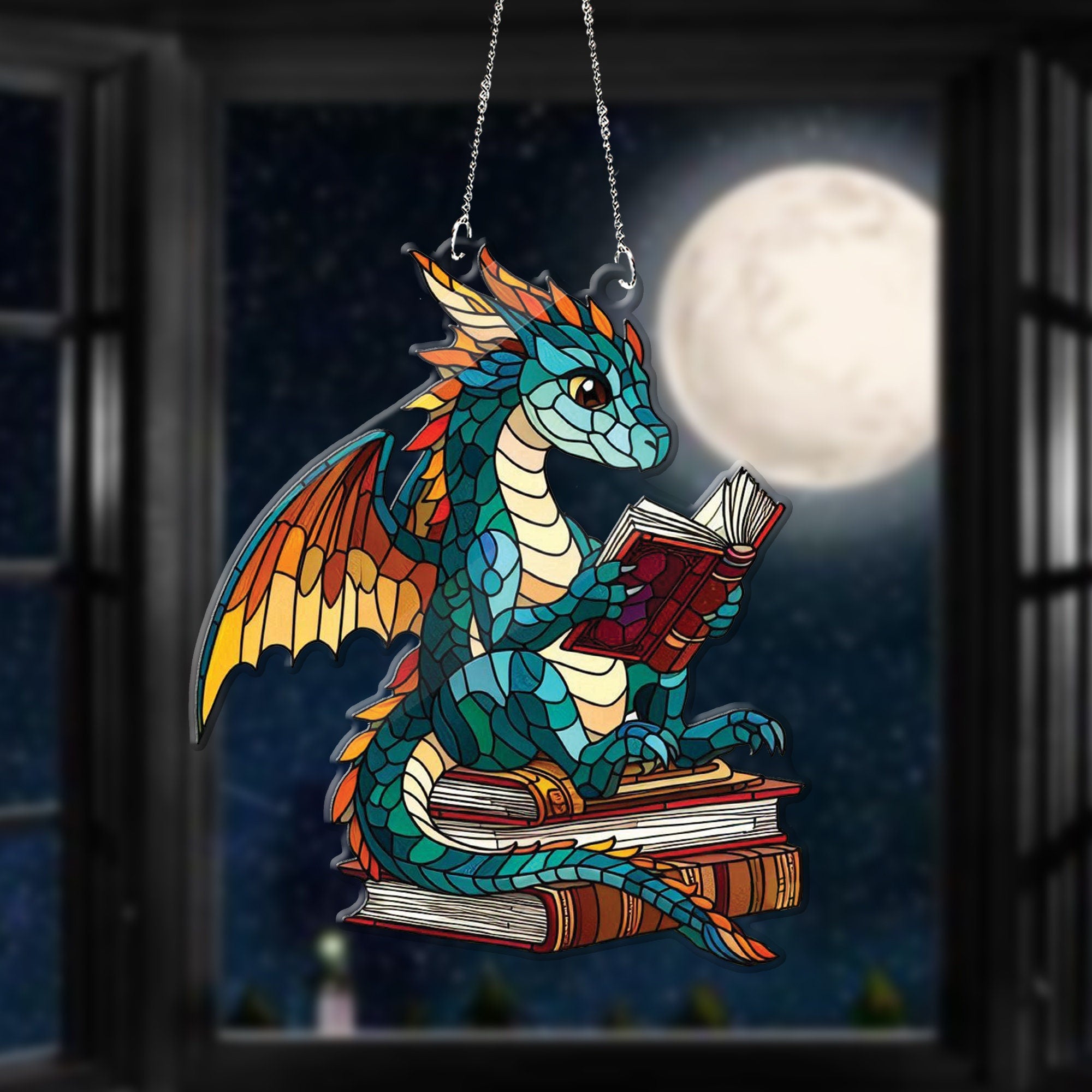 ACRYLIC woodland dragon and  book Window Hanging, Book Lover Gift, Bookish Home Decor, NOT suncatcher, Librarian Gift, dragon book