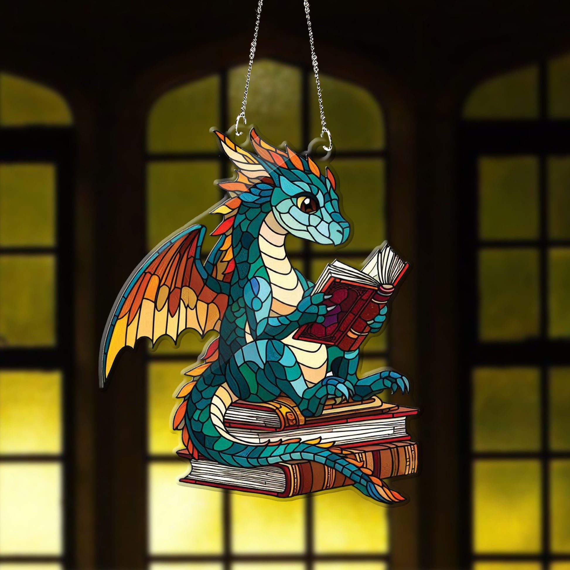 ACRYLIC woodland dragon and  book Window Hanging, Book Lover Gift, Bookish Home Decor, NOT suncatcher, Librarian Gift, dragon book