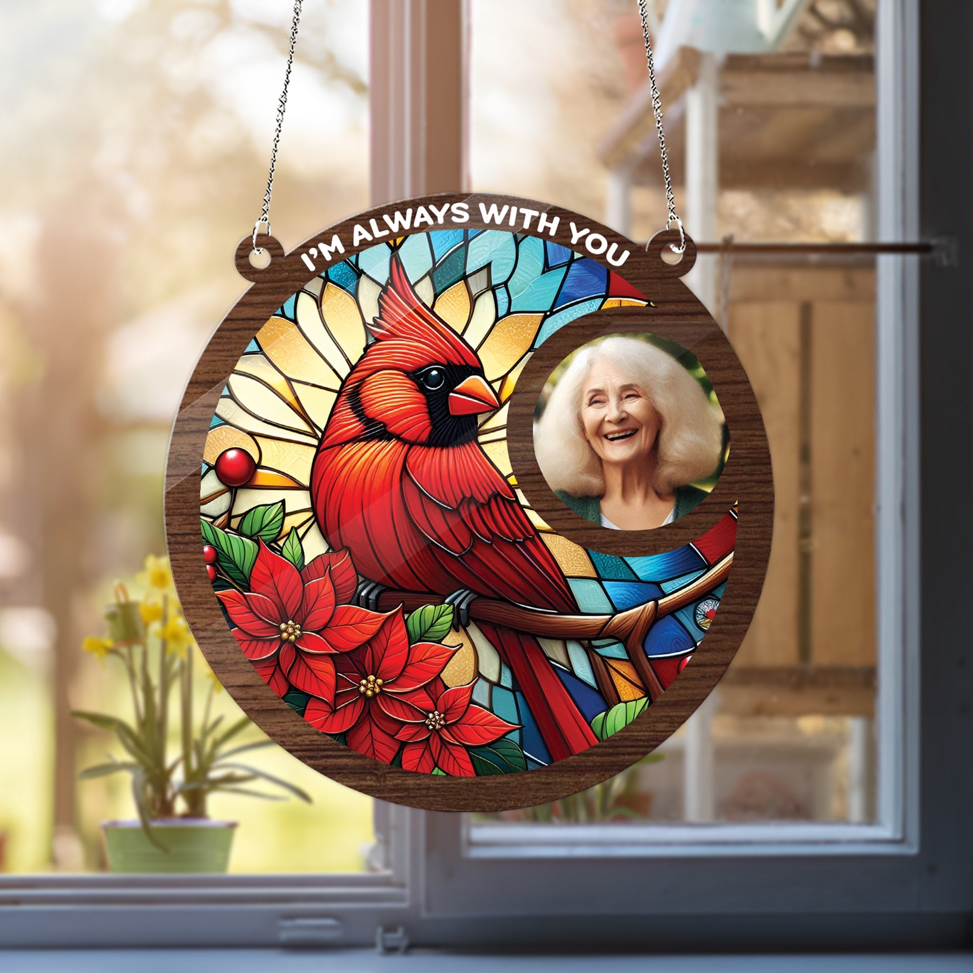 Personalized Photo Memorial Suncatcher Ornament, custom photo, I'm always with you, In loving memory, sympathy gift, Cardinal lovers