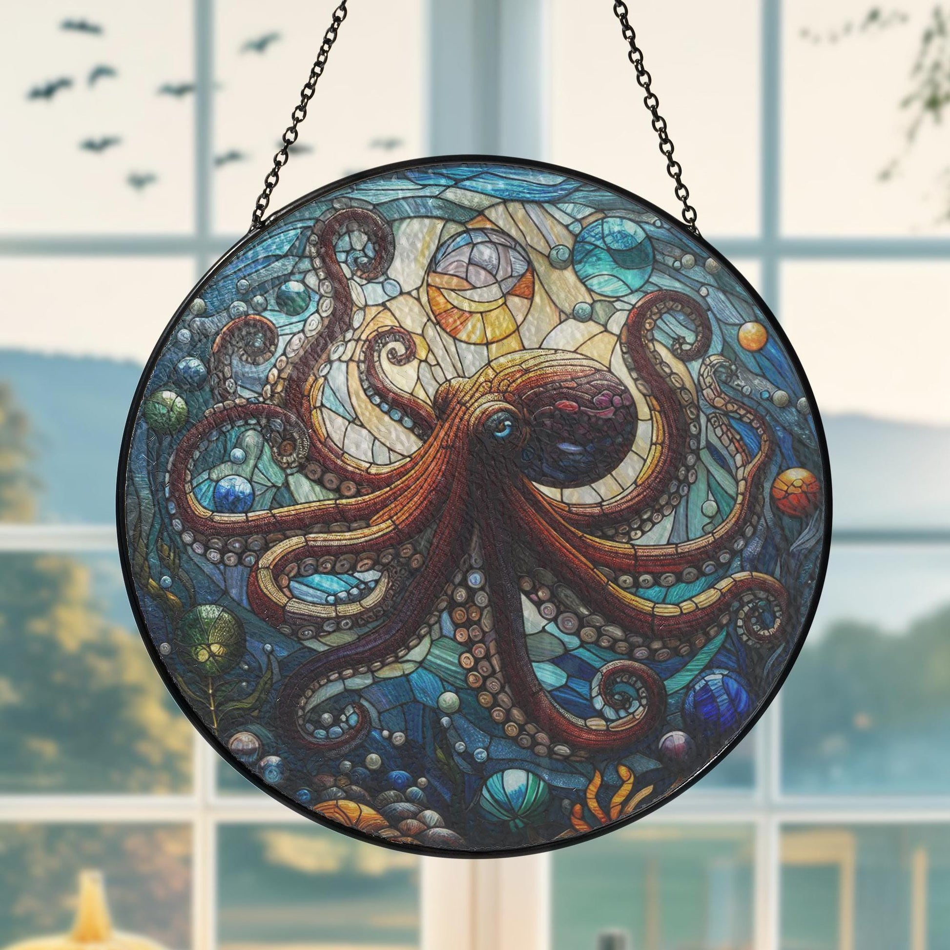 Octopus GLASS SUNCATCHER, Octopus Window Hanging, Sea Animal Home Decor, Octopus Art Glass Suncatcher, Ocean Animal Window Hanging
