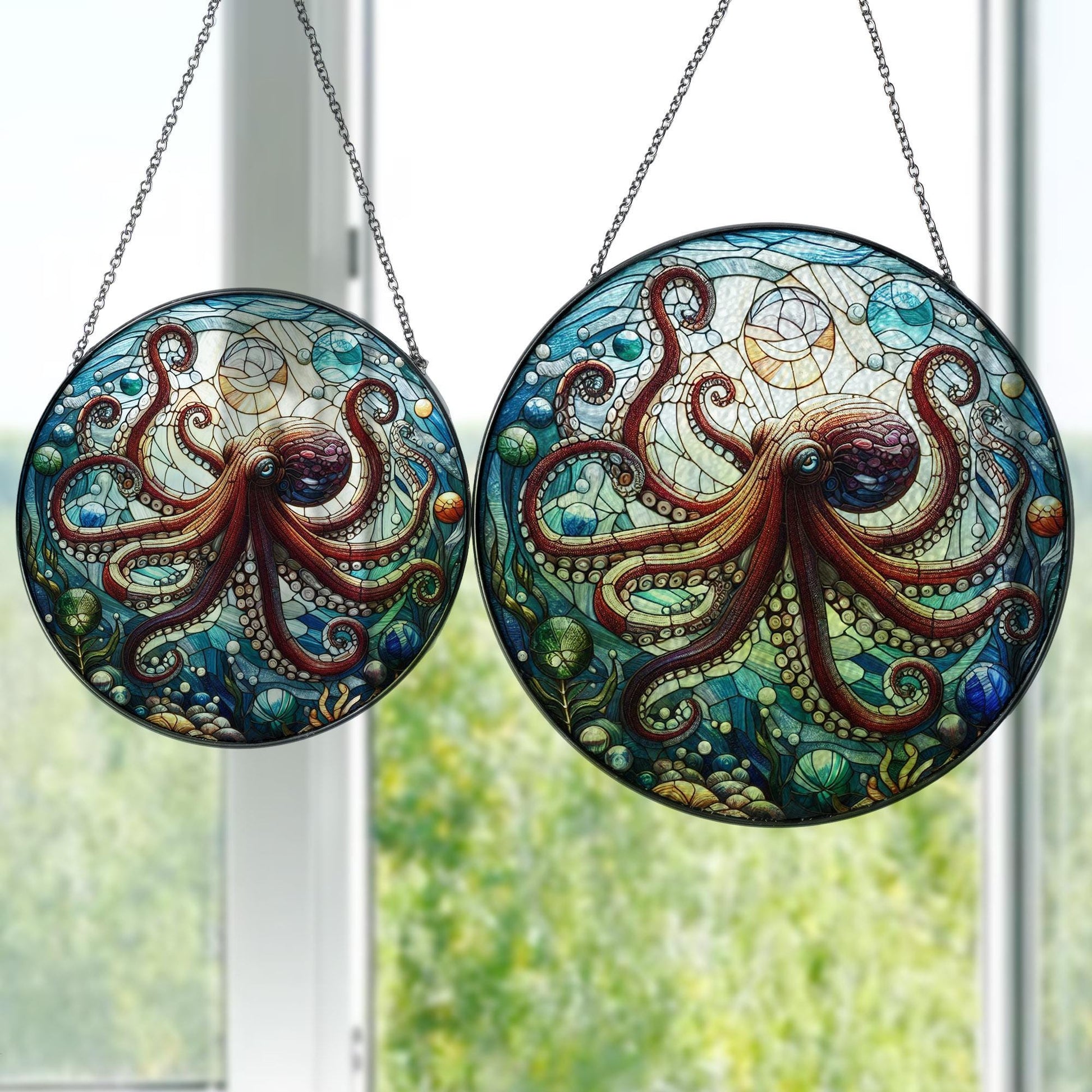 Octopus GLASS SUNCATCHER, Octopus Window Hanging, Sea Animal Home Decor, Octopus Art Glass Suncatcher, Ocean Animal Window Hanging