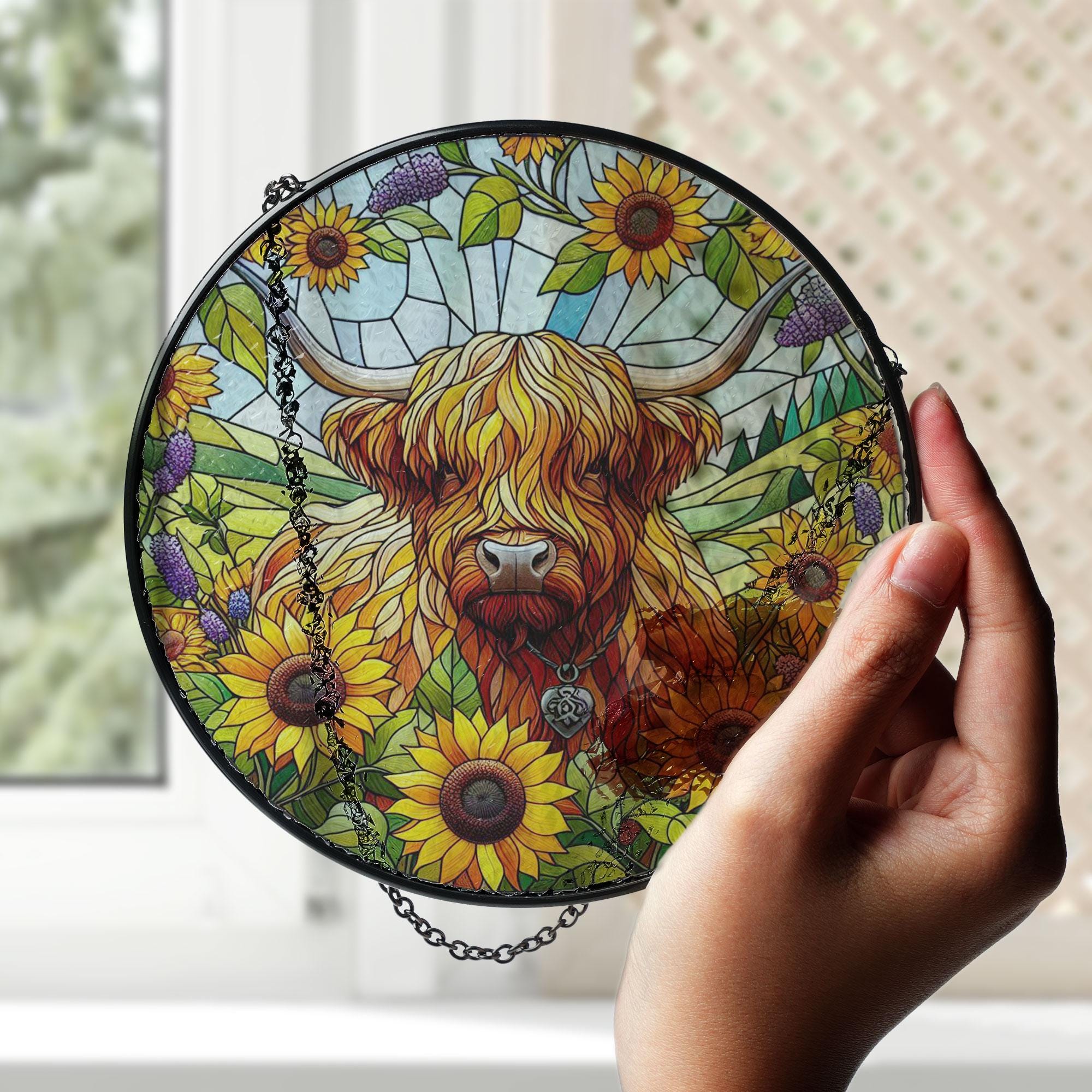 Highland cow and Sunflowers  STAINED GLASS Hanging, Farmhouse decor, Castle Cow hanging, Suncatcher hanging, Farm sign, sunflower lover