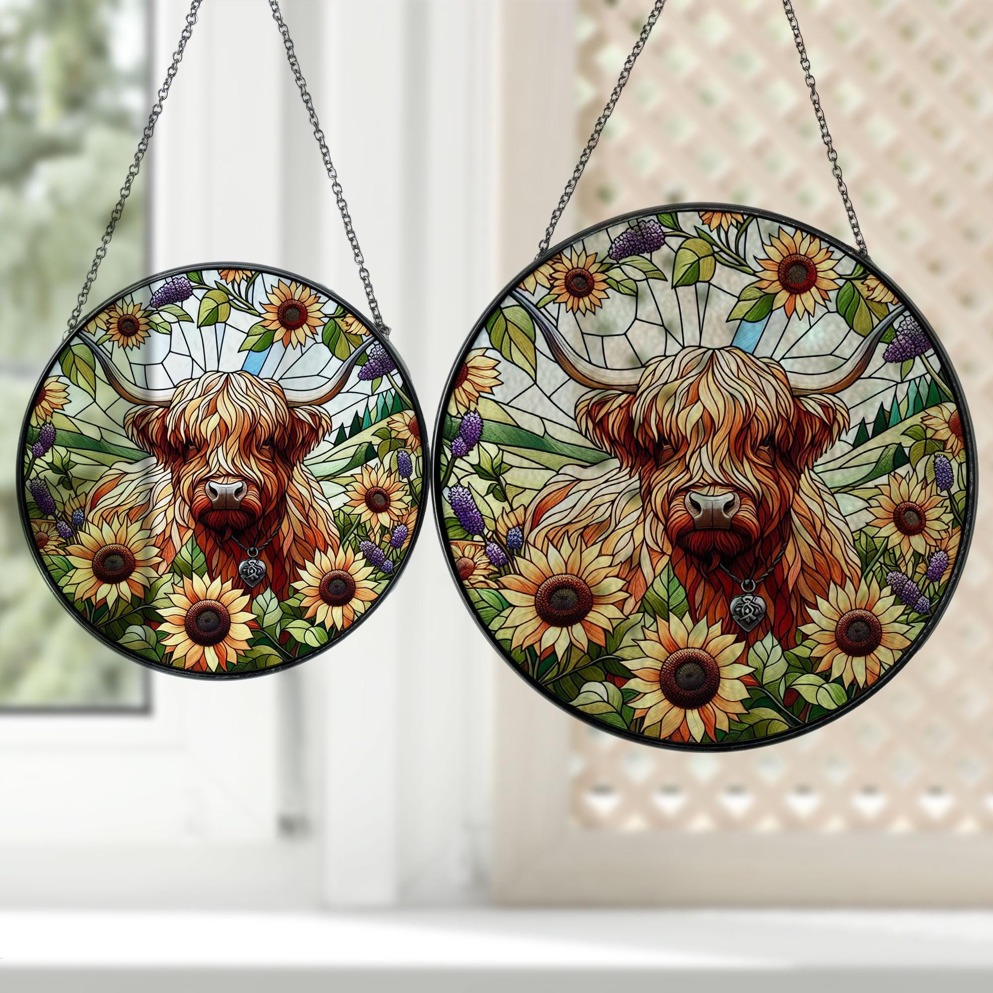 Highland cow and Sunflowers  STAINED GLASS Hanging, Farmhouse decor, Castle Cow hanging, Suncatcher hanging, Farm sign, sunflower lover
