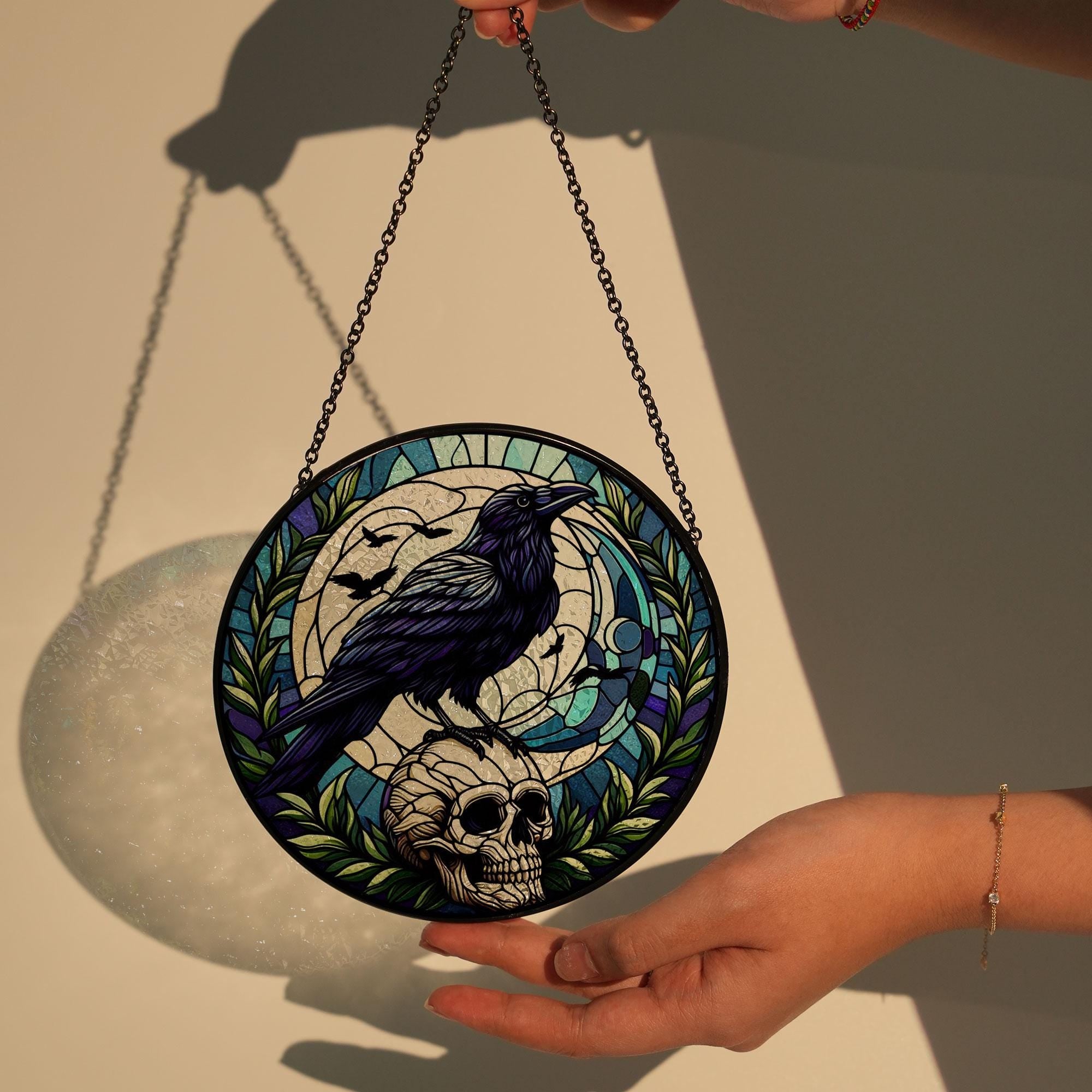 Raven skull  STAINED GLASS Hanging, Raven Window hanging, Raven Suncatcher, Dark academia, Gothic sign, Housewarming gift