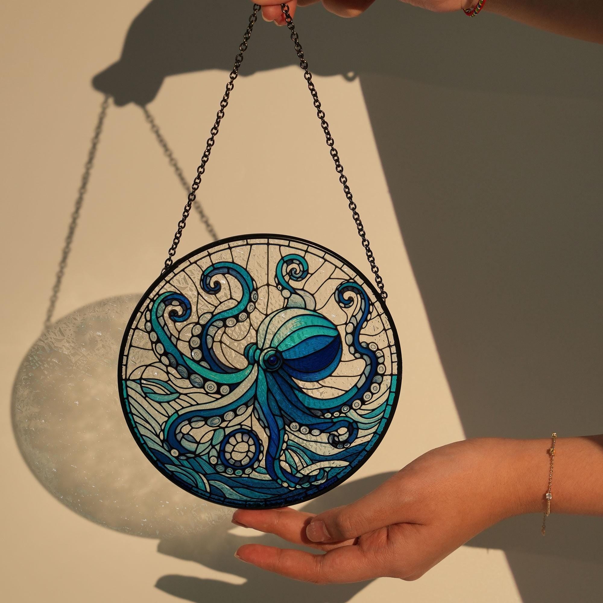 Blue Octopus GLASS Hanging, Octopus Window hanging, Suncatcher ornament, Octopus suncatcher, Housewarming gift, sea animal