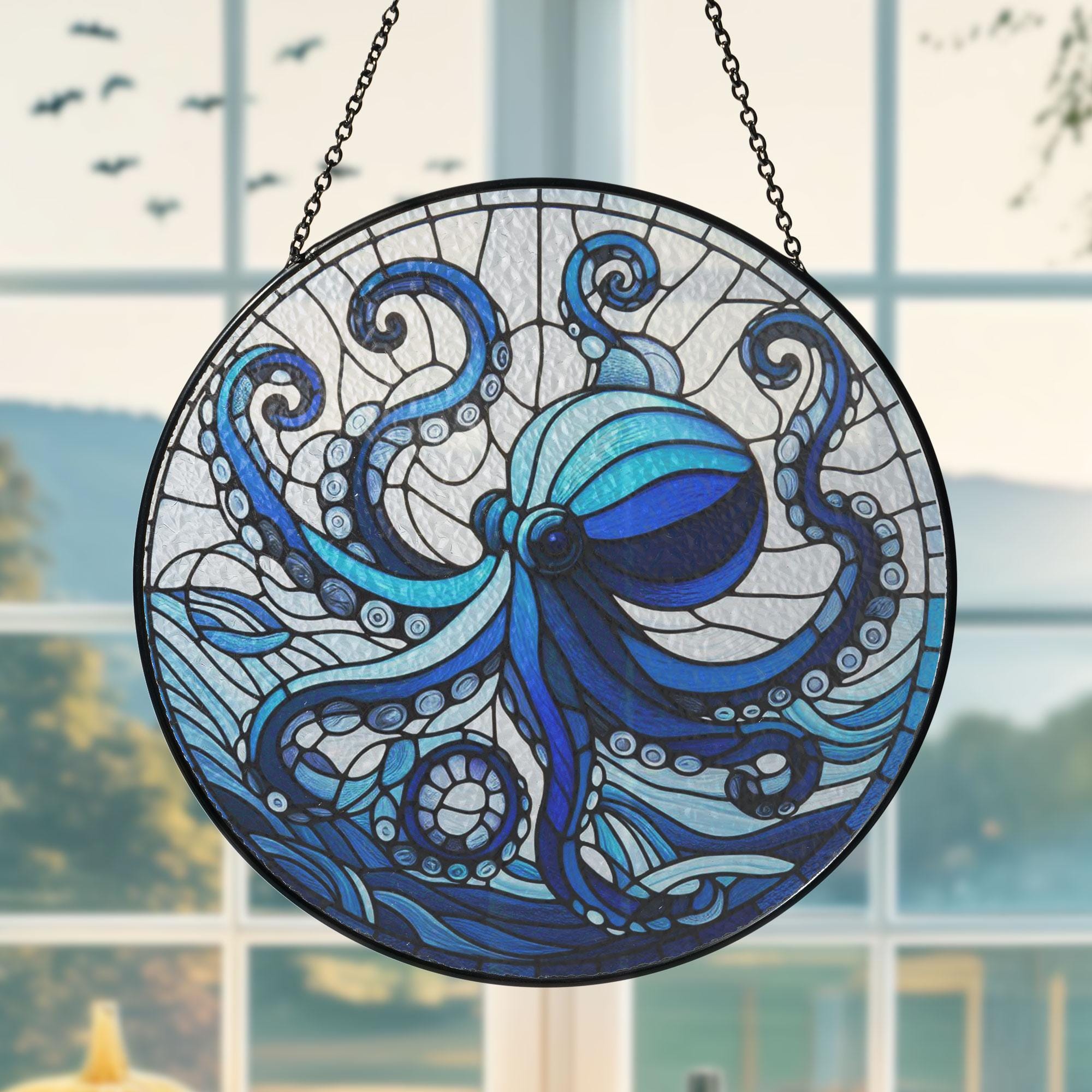 Blue Octopus GLASS Hanging, Octopus Window hanging, Suncatcher ornament, Octopus suncatcher, Housewarming gift, sea animal