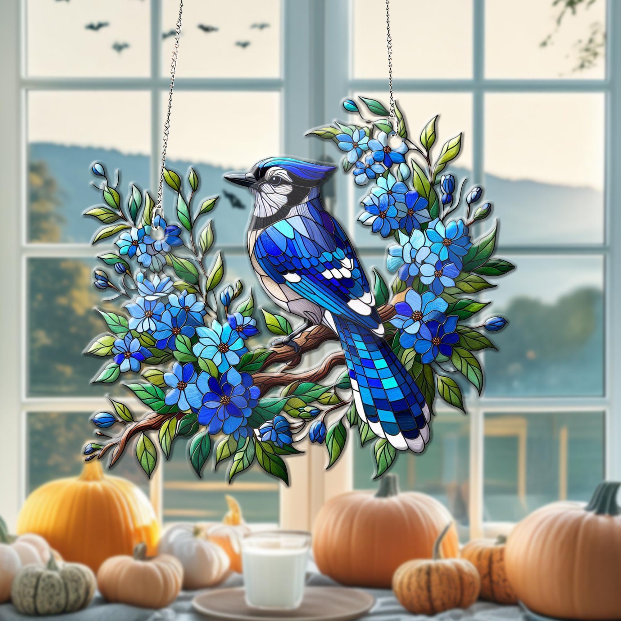 Blue jay on branches ACRYLIC window hanging,window decor, NOT suncatcher, Blue jay lovers gift, bird nerd, Blue Jay decor