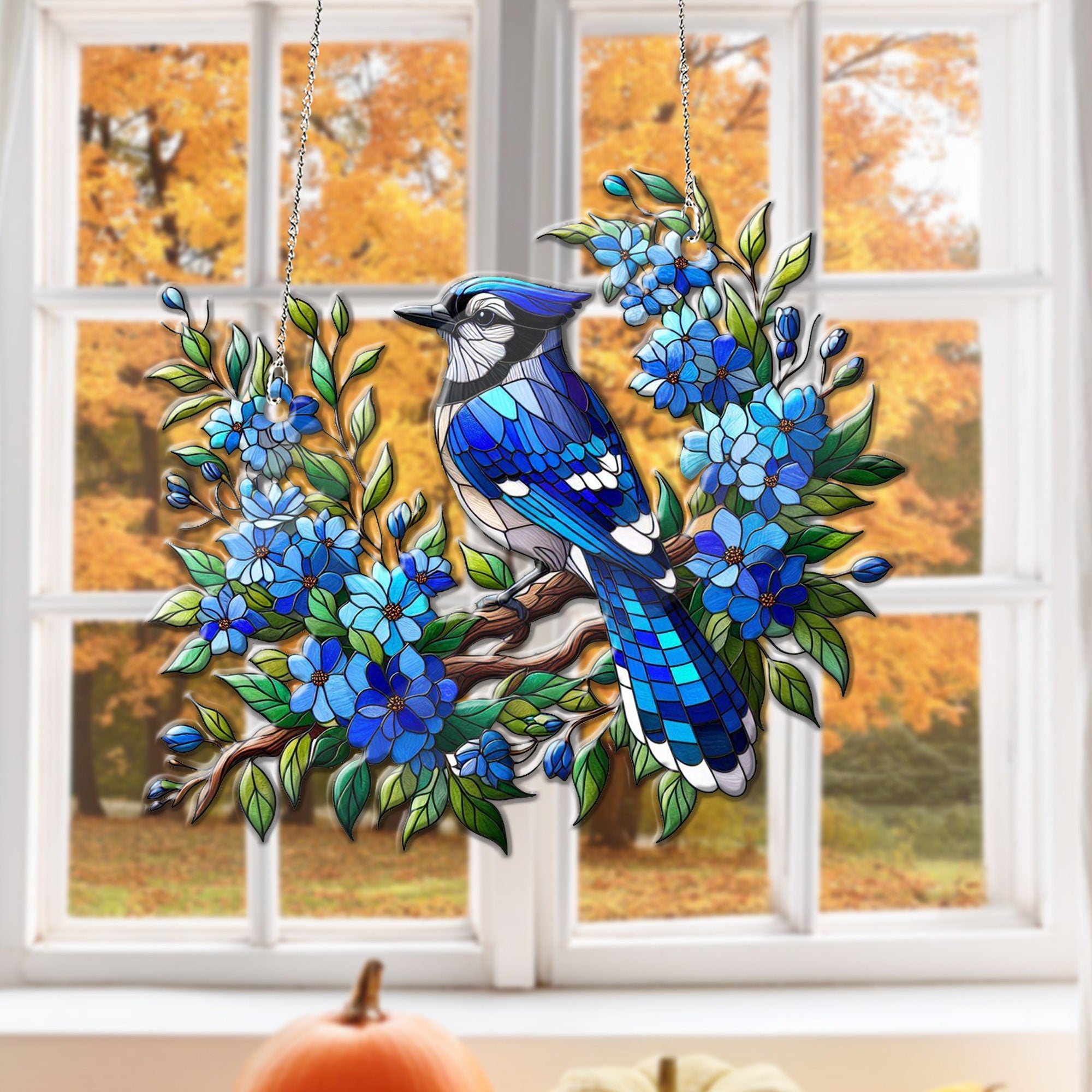 Blue jay on branches ACRYLIC window hanging,window decor, NOT suncatcher, Blue jay lovers gift, bird nerd, Blue Jay decor