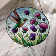 Hummingbird and purple thistles  GLASS Suncatcher Hanging, hummingbird lovers, Window hanging, Suncatcher ornament, thistles lover gift