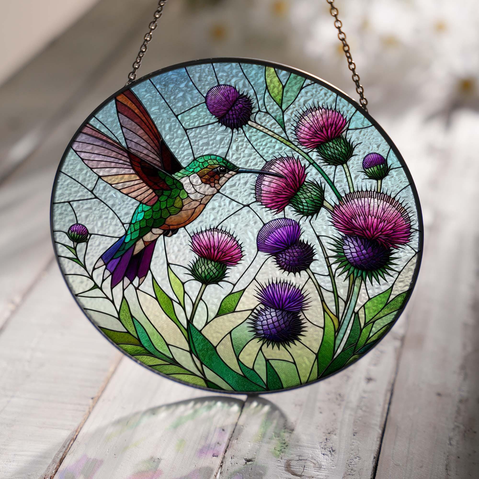 Hummingbird and purple thistles  GLASS Suncatcher Hanging, hummingbird lovers, Window hanging, Suncatcher ornament, thistles lover gift
