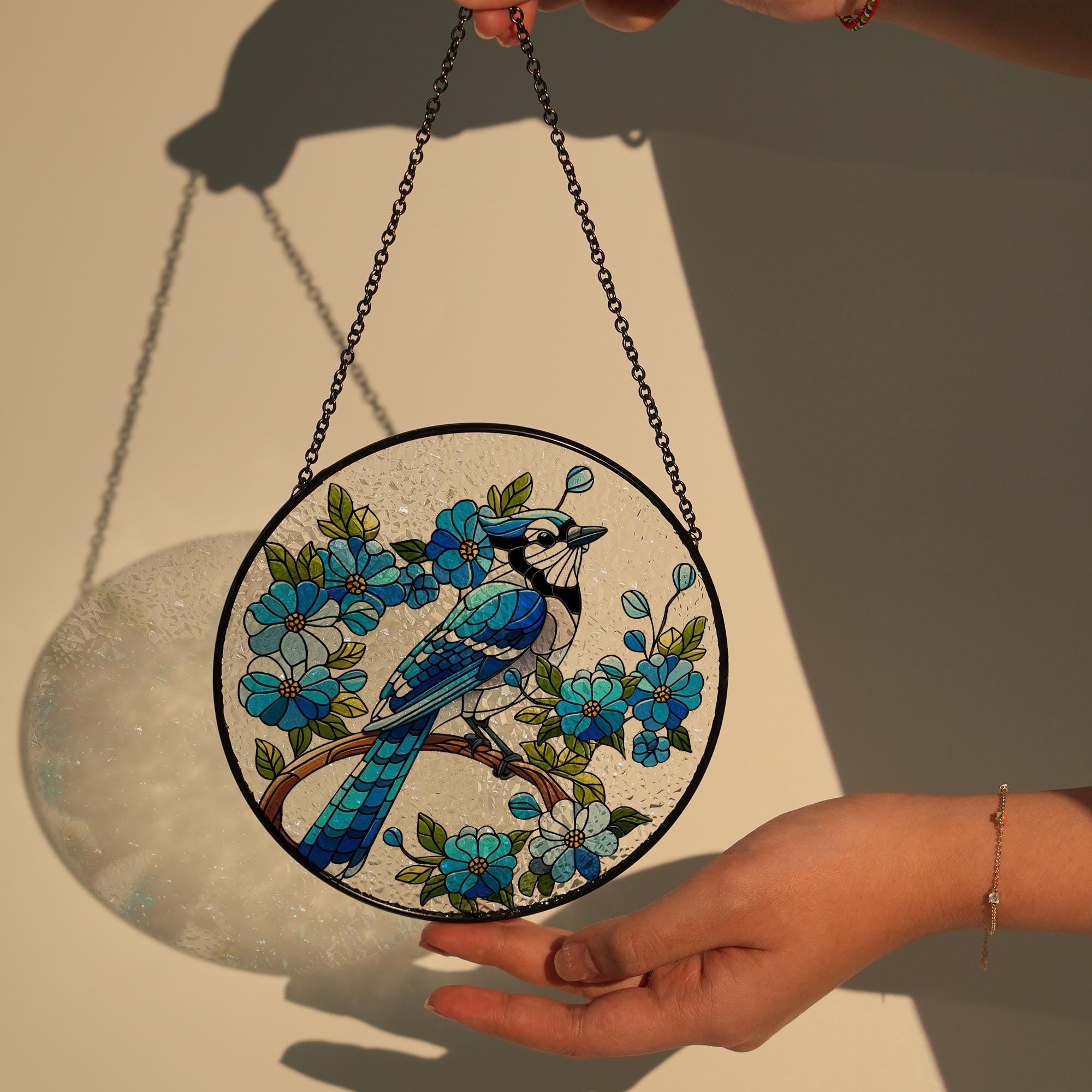 Blue jay on branch GLASS Suncatcher Hanging, blue jay lovers gift, Window hanging, Suncatcher ornament, Bird nerd gift, bird feeder
