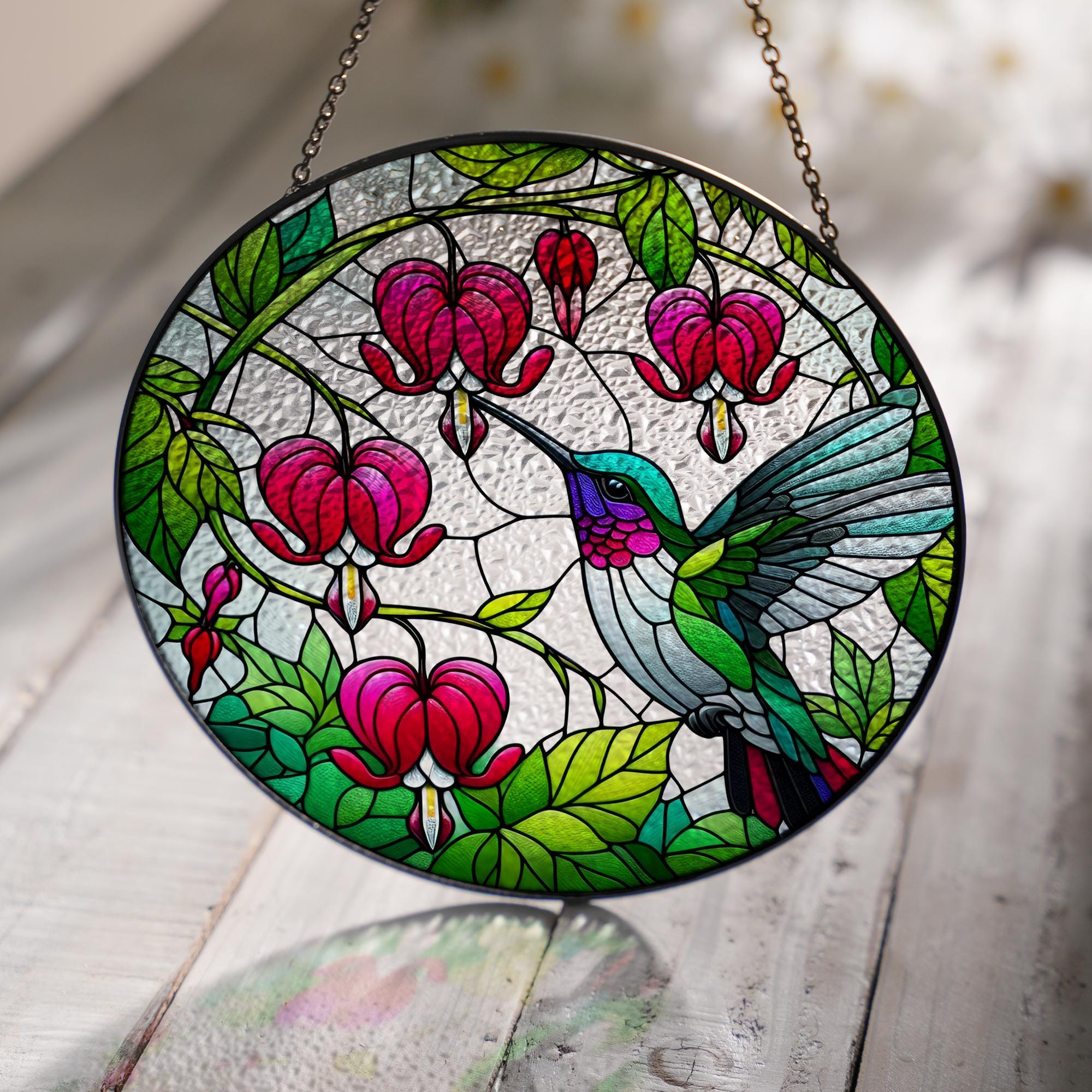 Hummingbird and bleeding heart flowers  GLASS Suncatcher Hanging, hummingbird lovers, Window hanging, Suncatcher ornament,