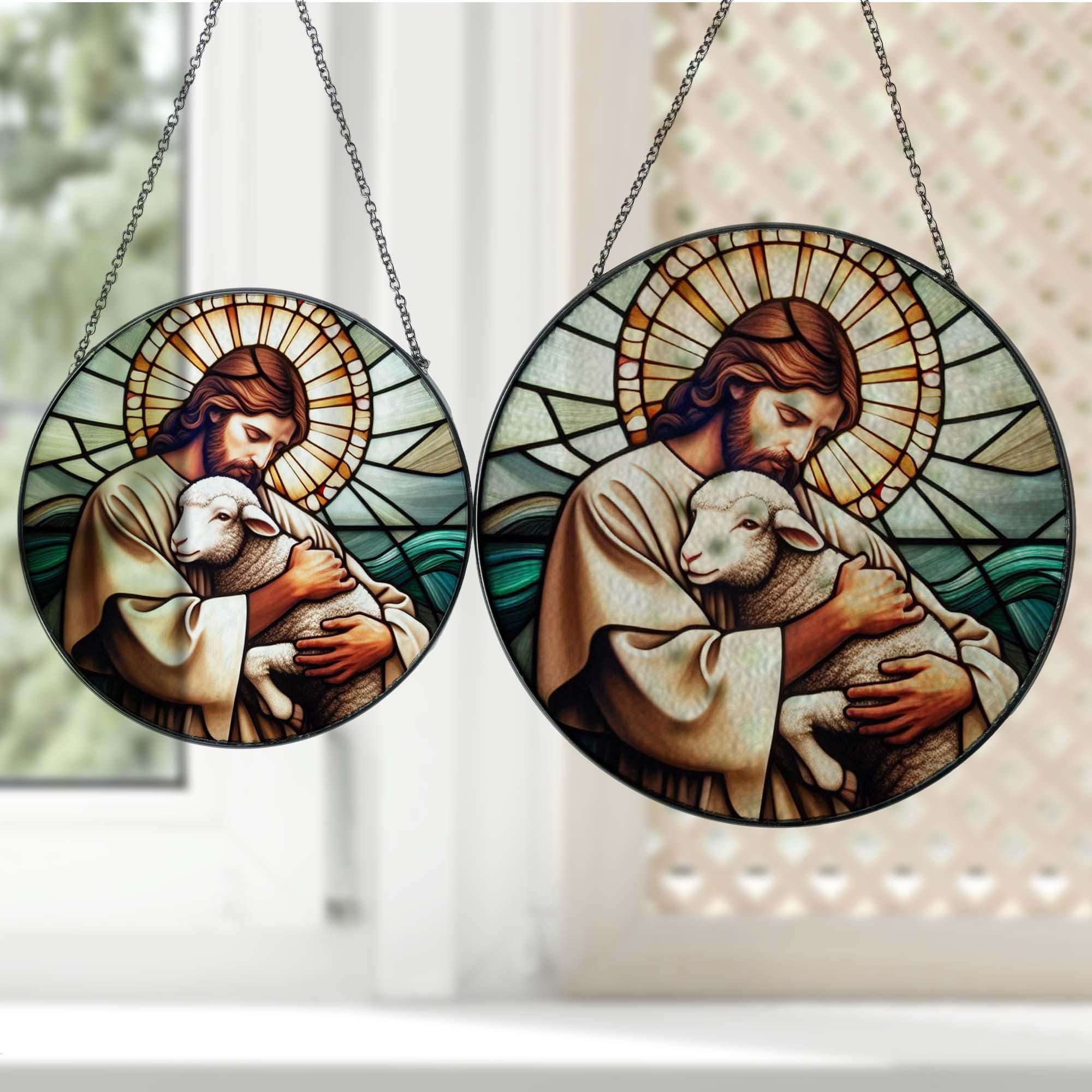 Jesus and Lamb landscape GLASS Hanging, Jesus Christ, Lamb of God hanging, Jesus Suncatcher hanging, Jesus decor , Suncatcher gift