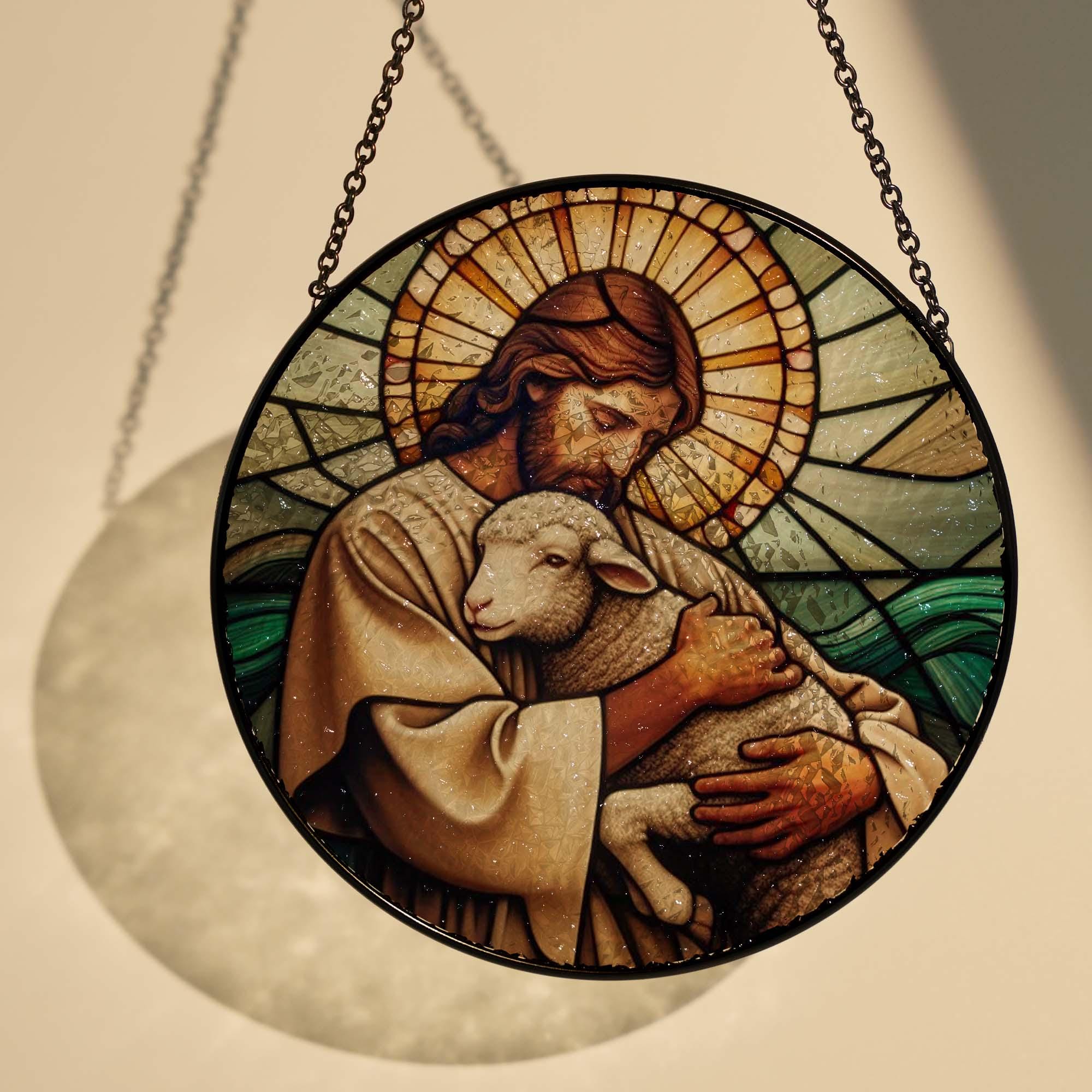 Jesus and Lamb landscape GLASS Hanging, Jesus Christ, Lamb of God hanging, Jesus Suncatcher hanging, Jesus decor , Suncatcher gift