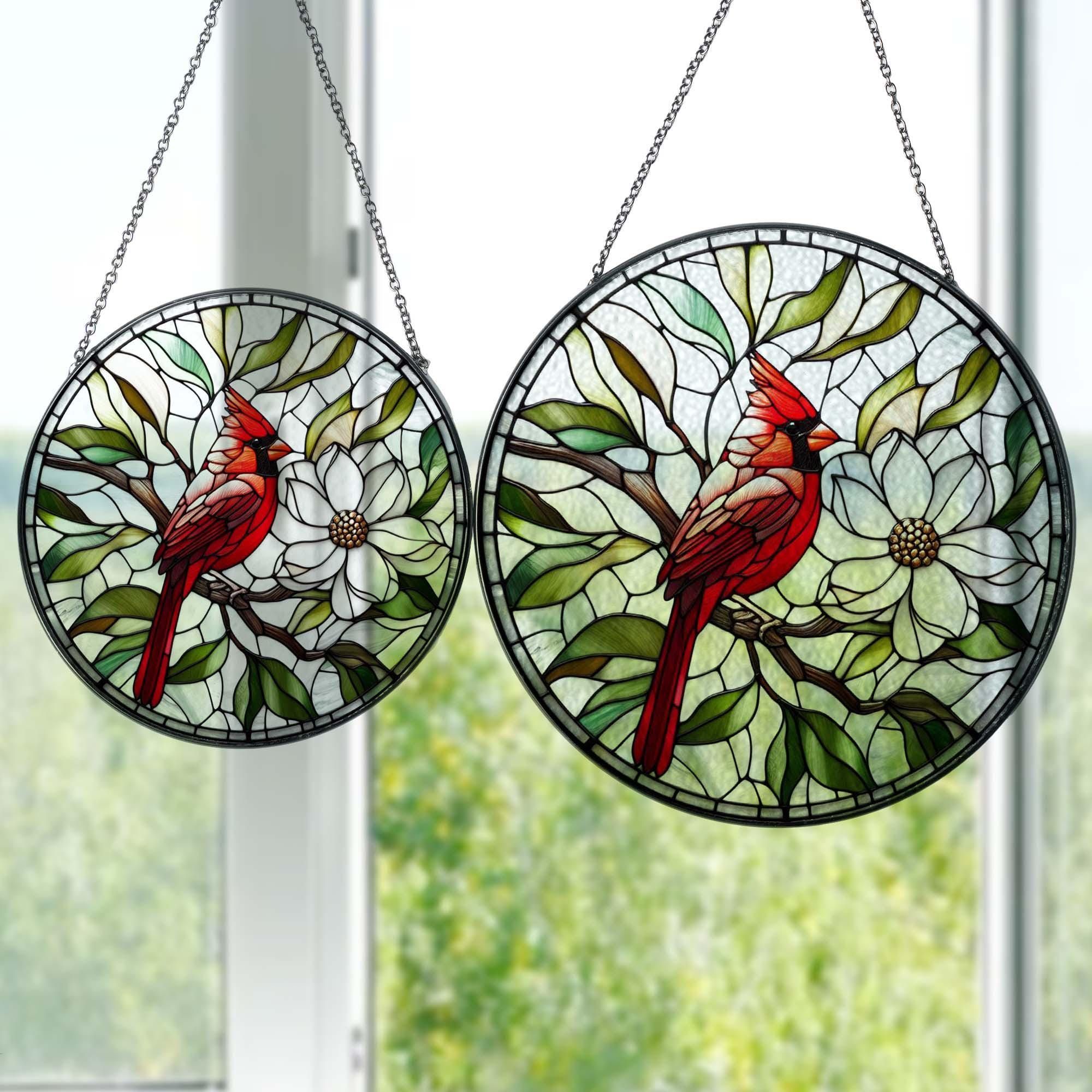 Cardinal and Magnolia GLASS Suncatcher Hanging, Cardinal lovers, Window hanging, Suncatcher ornament, Magnolia lover, MOTHER'S DAY gift 2025