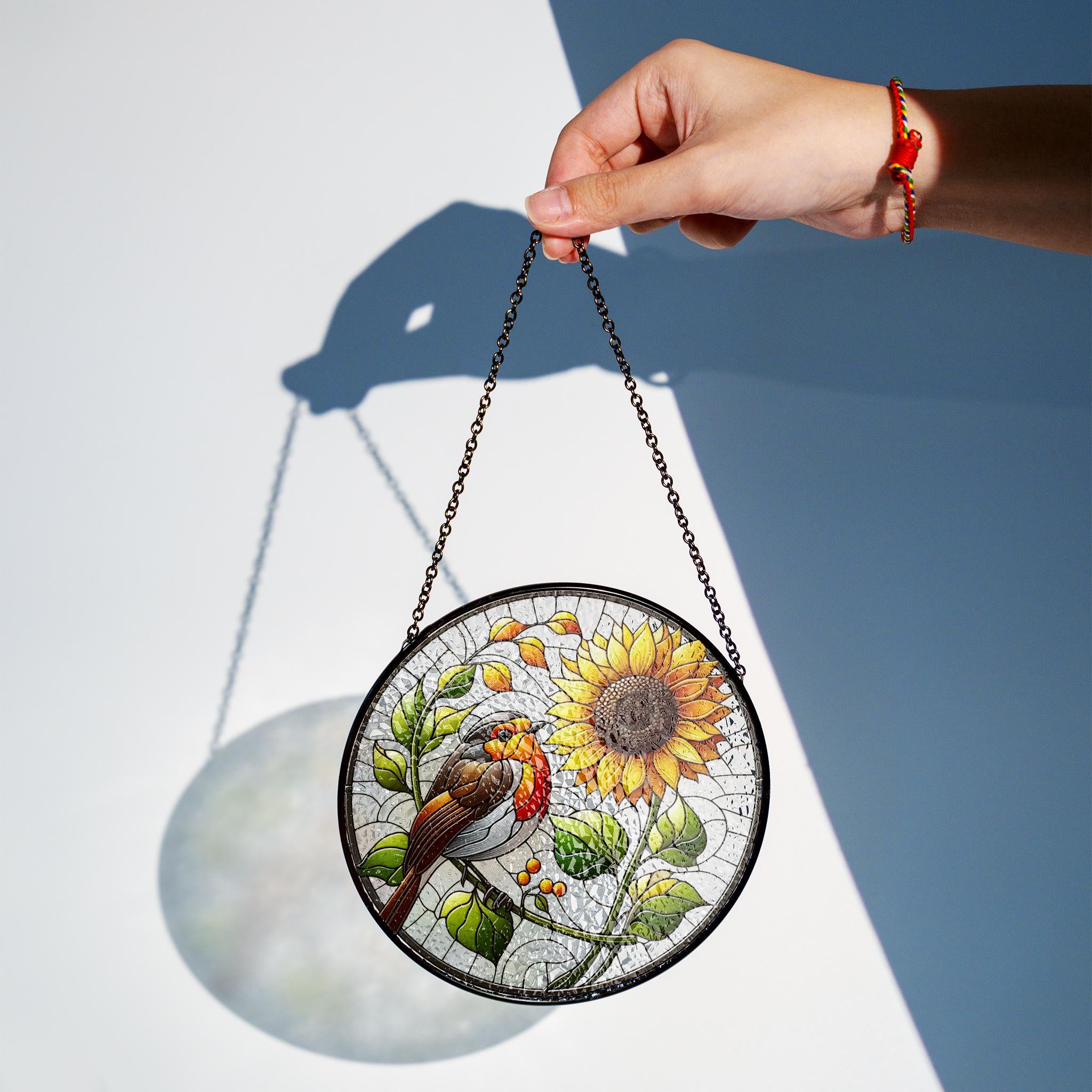 Robin Bird and Sunflower GLASS Hanging, Bird Lover Decor, Bird Nerd, Home Decor, Bird Suncatcher Decor, Robin Bird Decor, Gift For Her