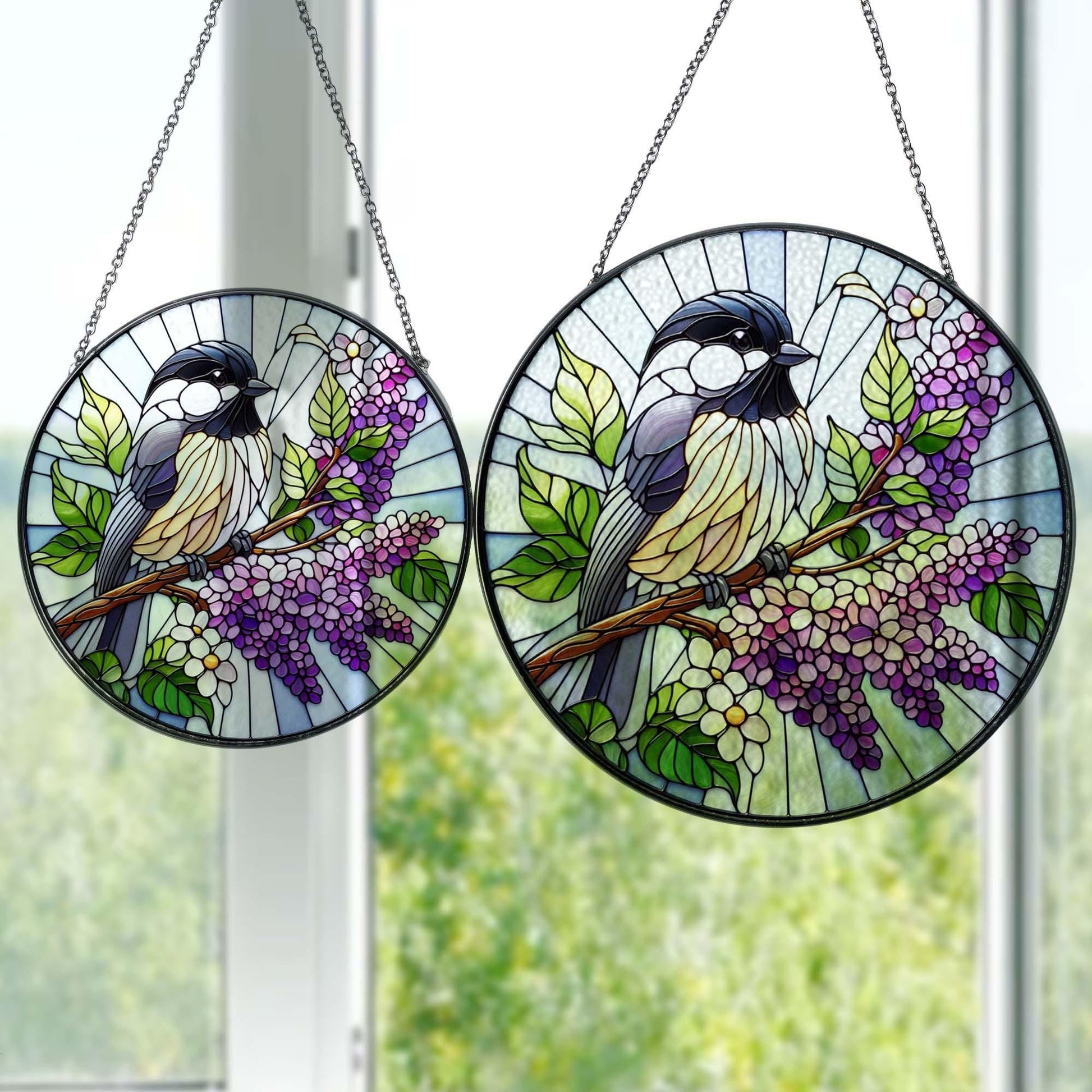 Chickadee bird and Lilac GLASS Hanging, Bird Lover Decor, Bird Nerd, Home Decor, Lilac lover gift, Chickadee Bird Decor, Gift For Her