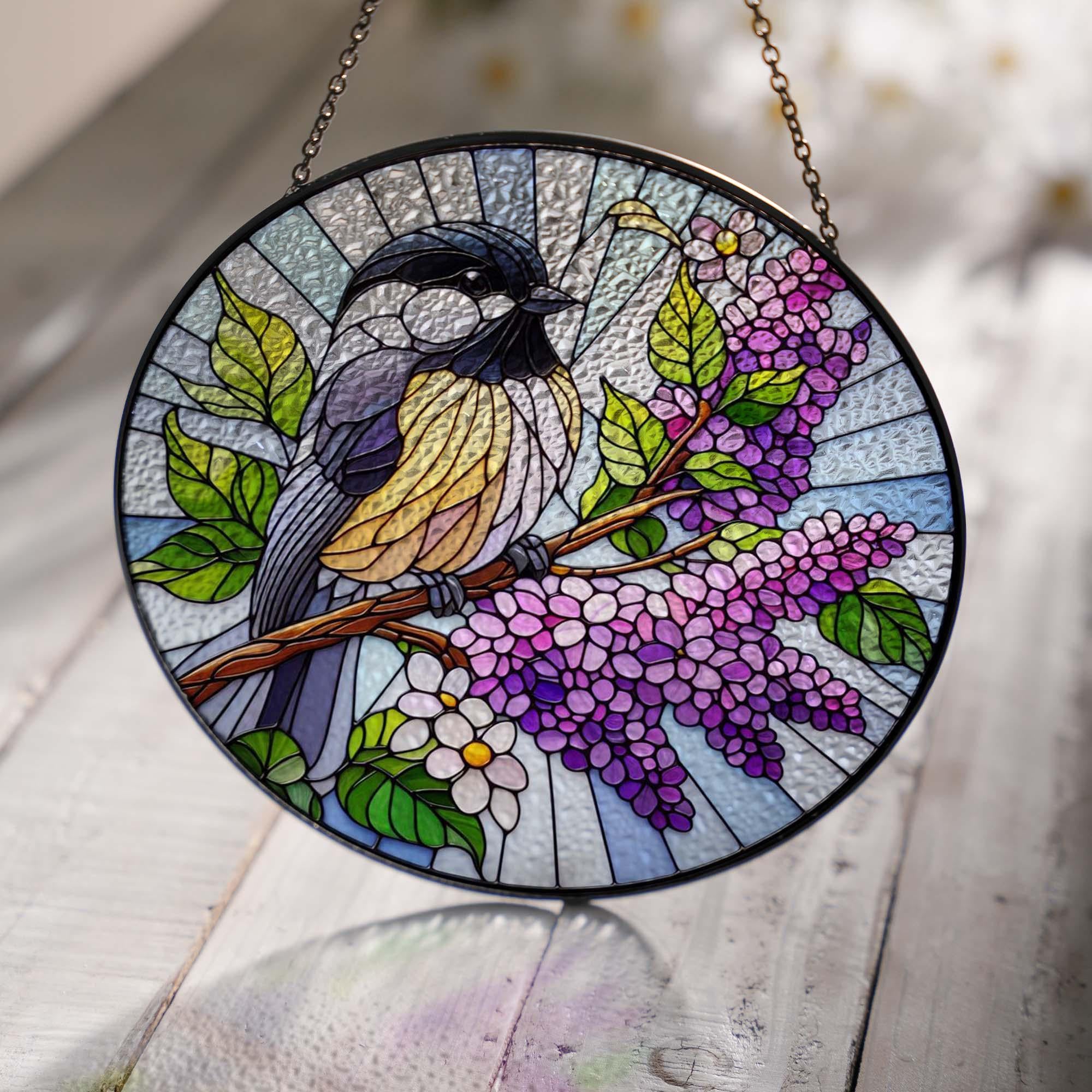 Chickadee bird and Lilac GLASS Hanging, Bird Lover Decor, Bird Nerd, Home Decor, Lilac lover gift, Chickadee Bird Decor, Gift For Her
