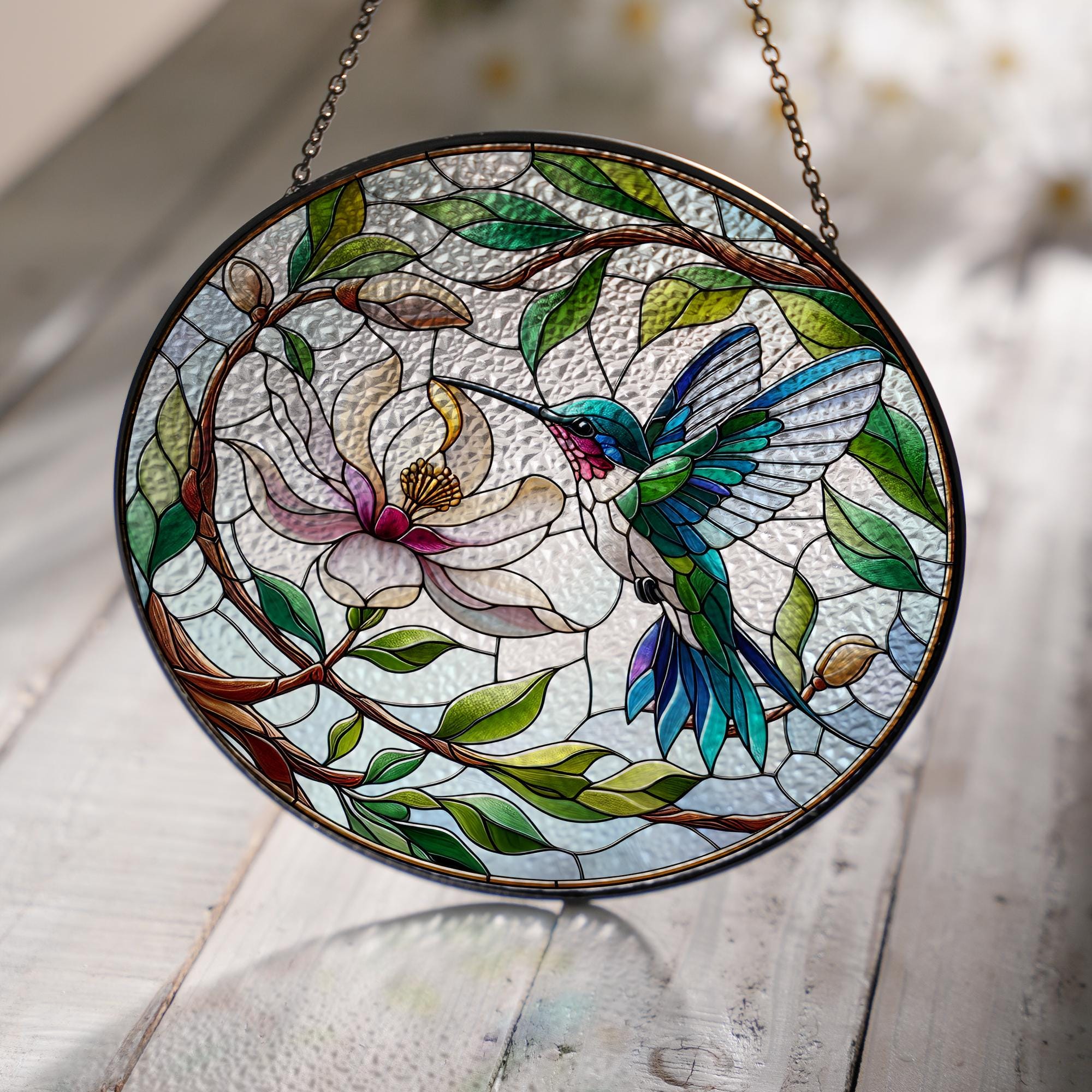 Hummingbird and magnolia GLASS Suncatcher Hanging, hummingbird lovers, Window hanging, Suncatcher ornament, magnolia lover