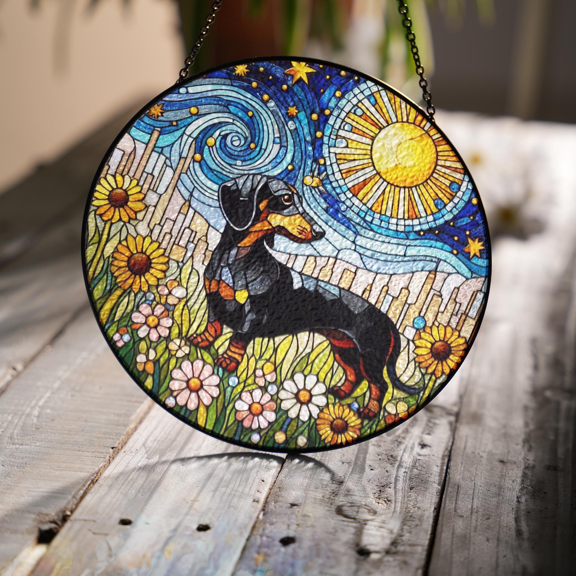 Dachshund In Starry Night GLASS, Dachshund Mom Decor, Dachshund Lover, Dachshund SUNCATCHER, Dog Suncatcher, Dog Lover Gift, Dog Mom