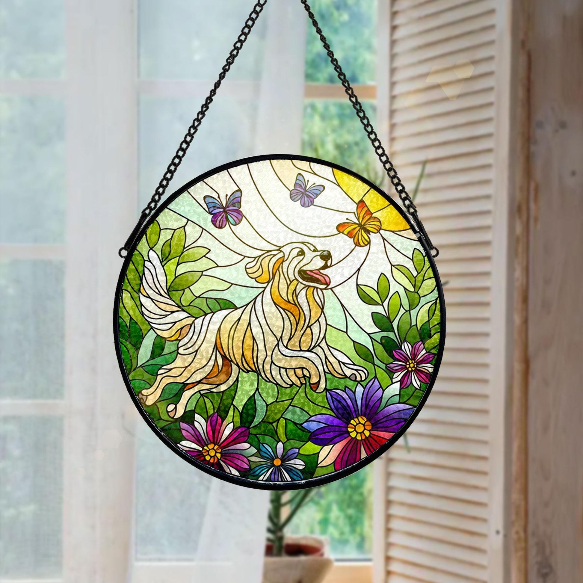 Golden Retriever In Garden GLASS Window Decor, Golden Retriever Decor, Flower SUNCATCHER, Flower Lover Gift, Gift For Mom, Garden Decor