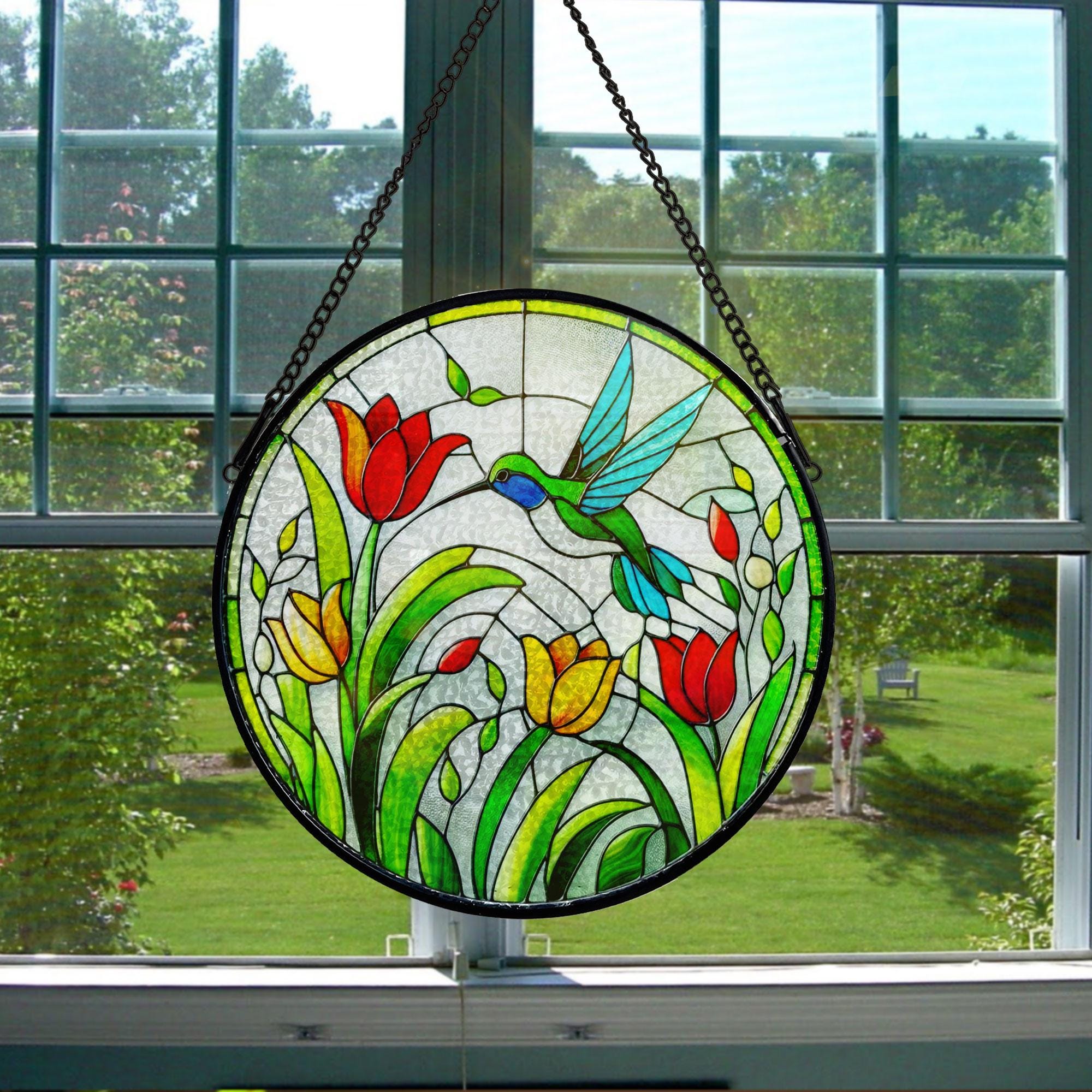 Hummingbird and Tulips Stained Glass Suncatcher, Elegant Window Hanging, Flower Lover Gift, Gift For Mom, Garden Decor, Gift for daughter