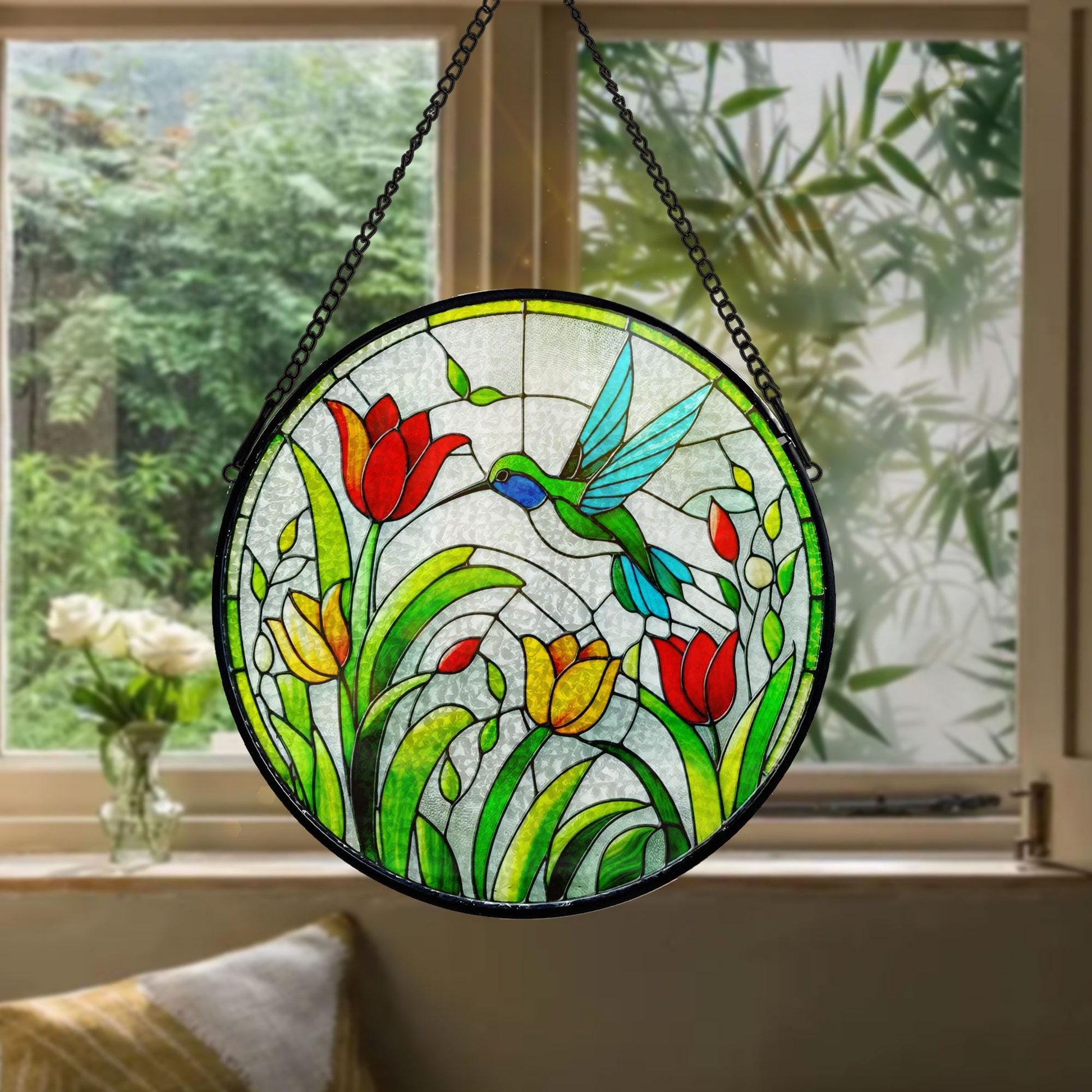 Hummingbird and Tulips Stained Glass Suncatcher, Elegant Window Hanging, Flower Lover Gift, Gift For Mom, Garden Decor, Gift for daughter